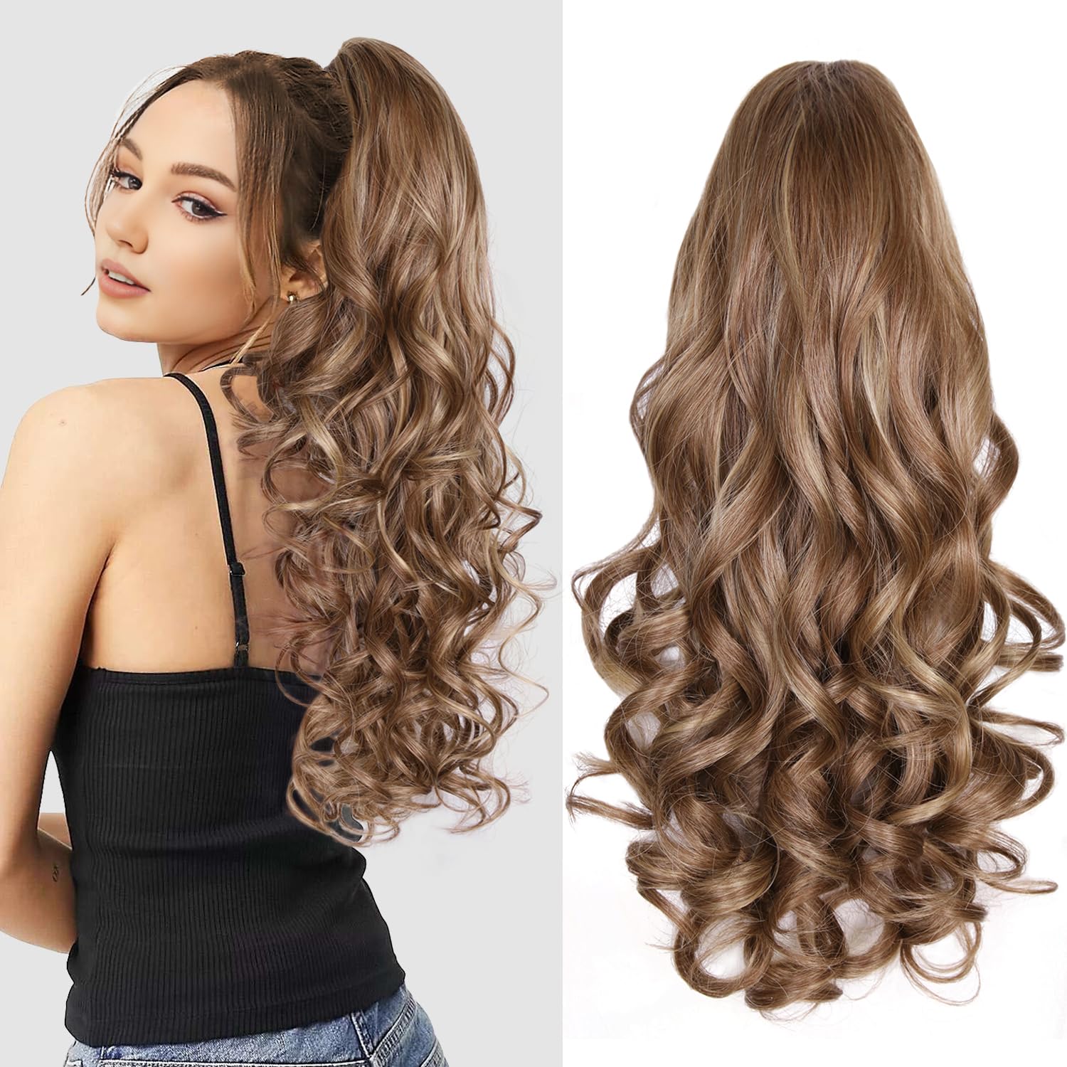 24 Inch Ponytail Extension, Natural Pony Tail Hair Pieces for Women Soft Wavy Claw Clip Ponytail Hair Extensions