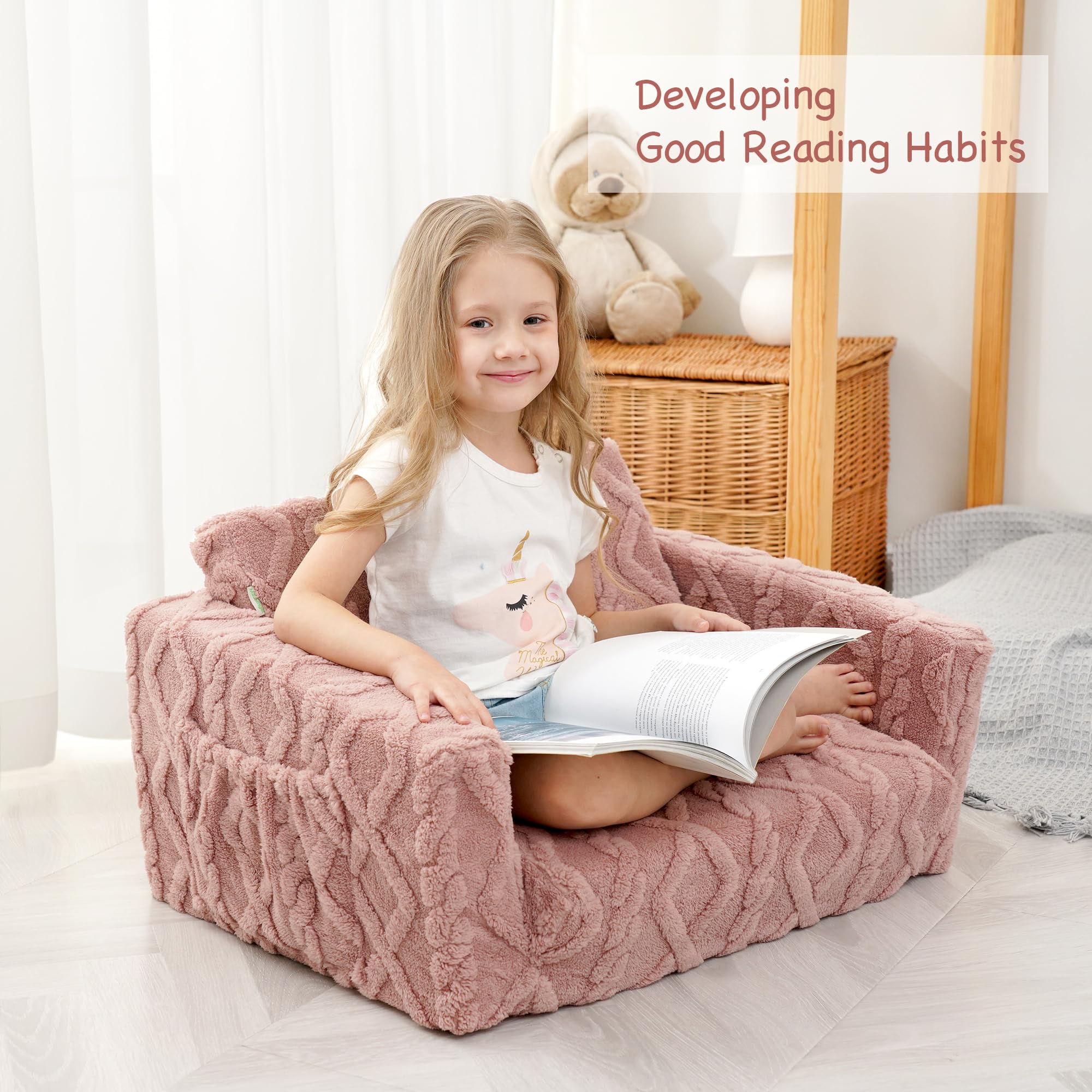 Sofá y tumbona plegable 2 en 1 para niños, silla convertible de franela suave, sofá abierto para niños (rosa) 5