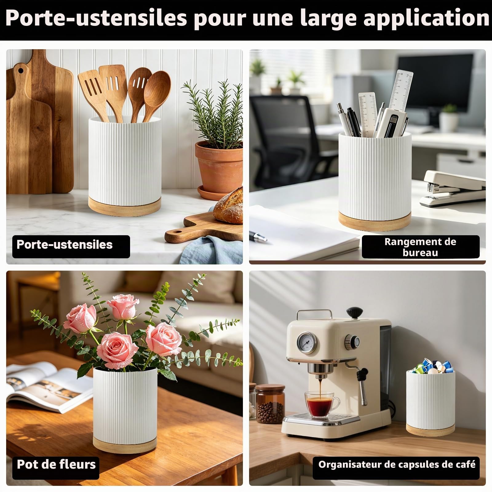 Porte Ustensiles Cuisine en Céramique: Porte-ustensiles en Bois Pivotant à 360°-Facile à Nettoyer Rangement pour ustensiles de Cuisine-Support pour Ustensiles de Cuisine pour Spatules Cuillères