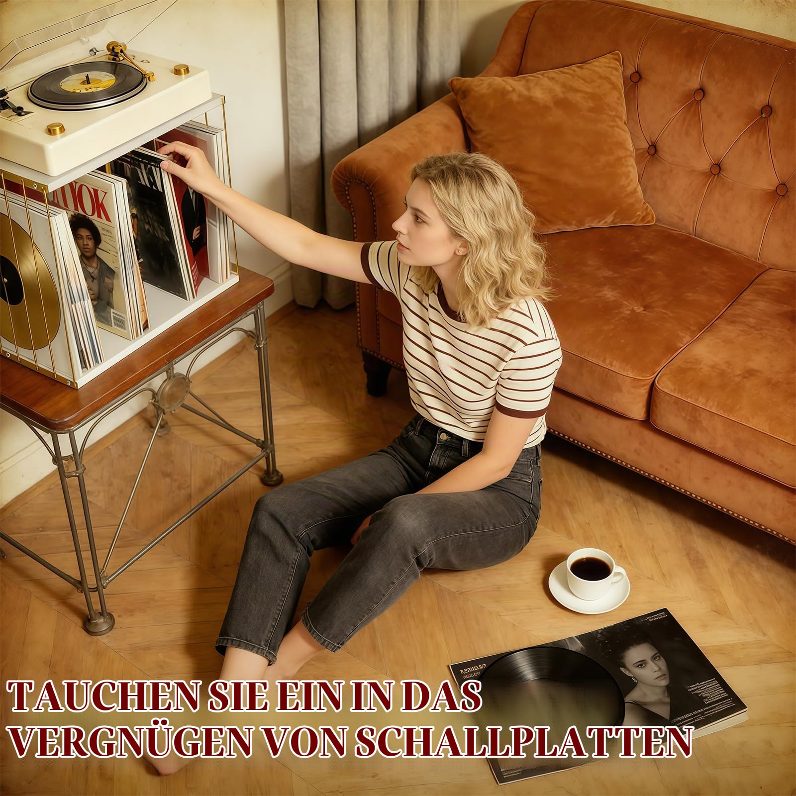 Schallplatten Aufbewahrung, Schallplattenständer für 80-100 LPs, Holz & Metall Vinyl Schallplatten Halter Organizer für Bücher, Fotoalben, Zeitschriften