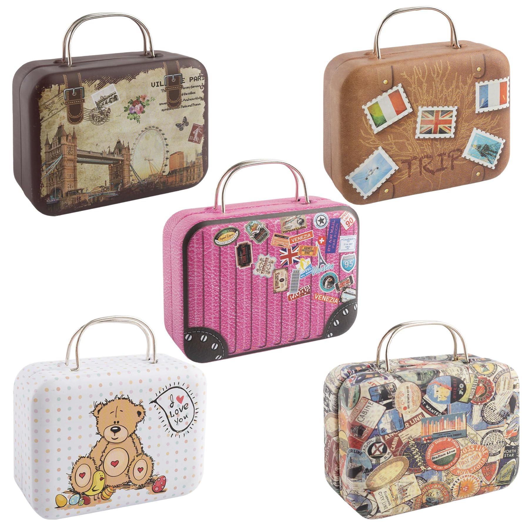 Framendino, 5 Pack Mini Suitcase Boxes Small Cartoon Tin Rectangular Handbag Jewelry Coin Container for Party Wedding Decorations