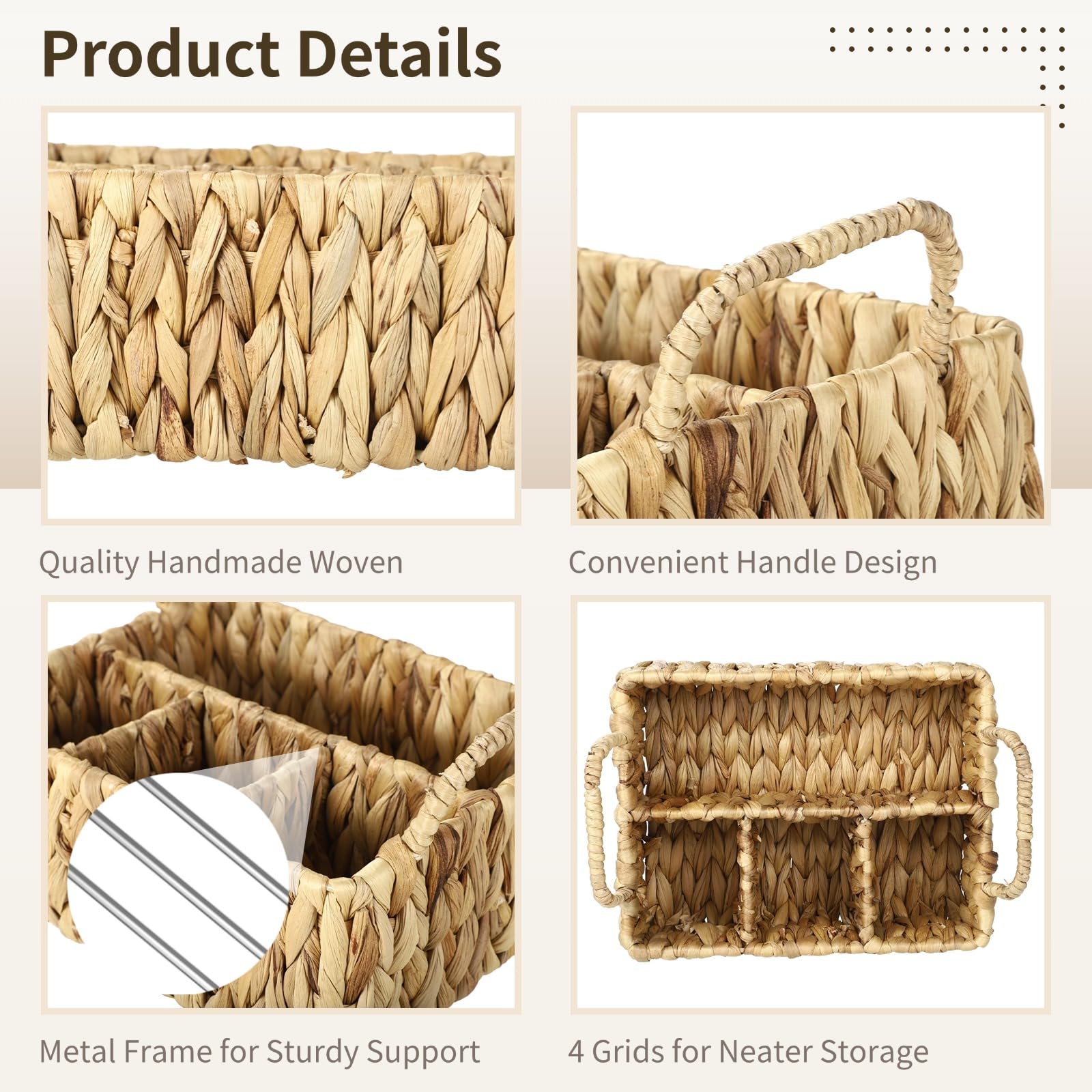 Utensilienkorb aus Wasserhyazinthe, 4-Fach-Besteckaufbewahrung mit 2 Griffen, geteilte Besteckablage im Landhausstil, geflochtener Organizer für Küche, Esstisch und Buffet, 26,5 x 21,5 x 15,5 cm