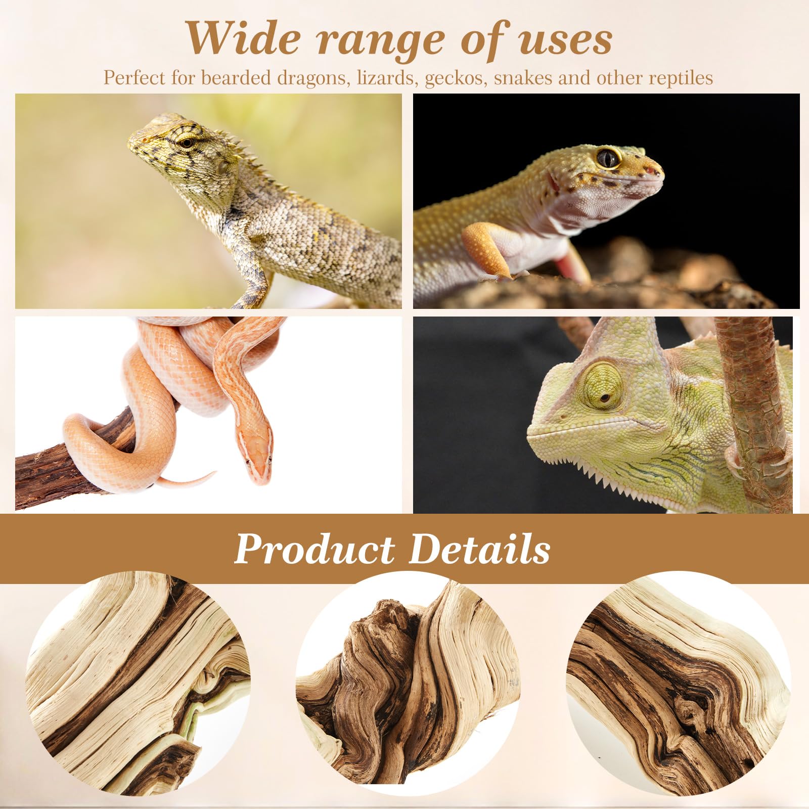 Janinka Rama grande de madera para reptiles para dragón barbudo de 15 a 17 pulgadas de longitud, madera flotante, decoración de hábitat para terrario, árbol, tronco, adorno de geco, rana, camaleón