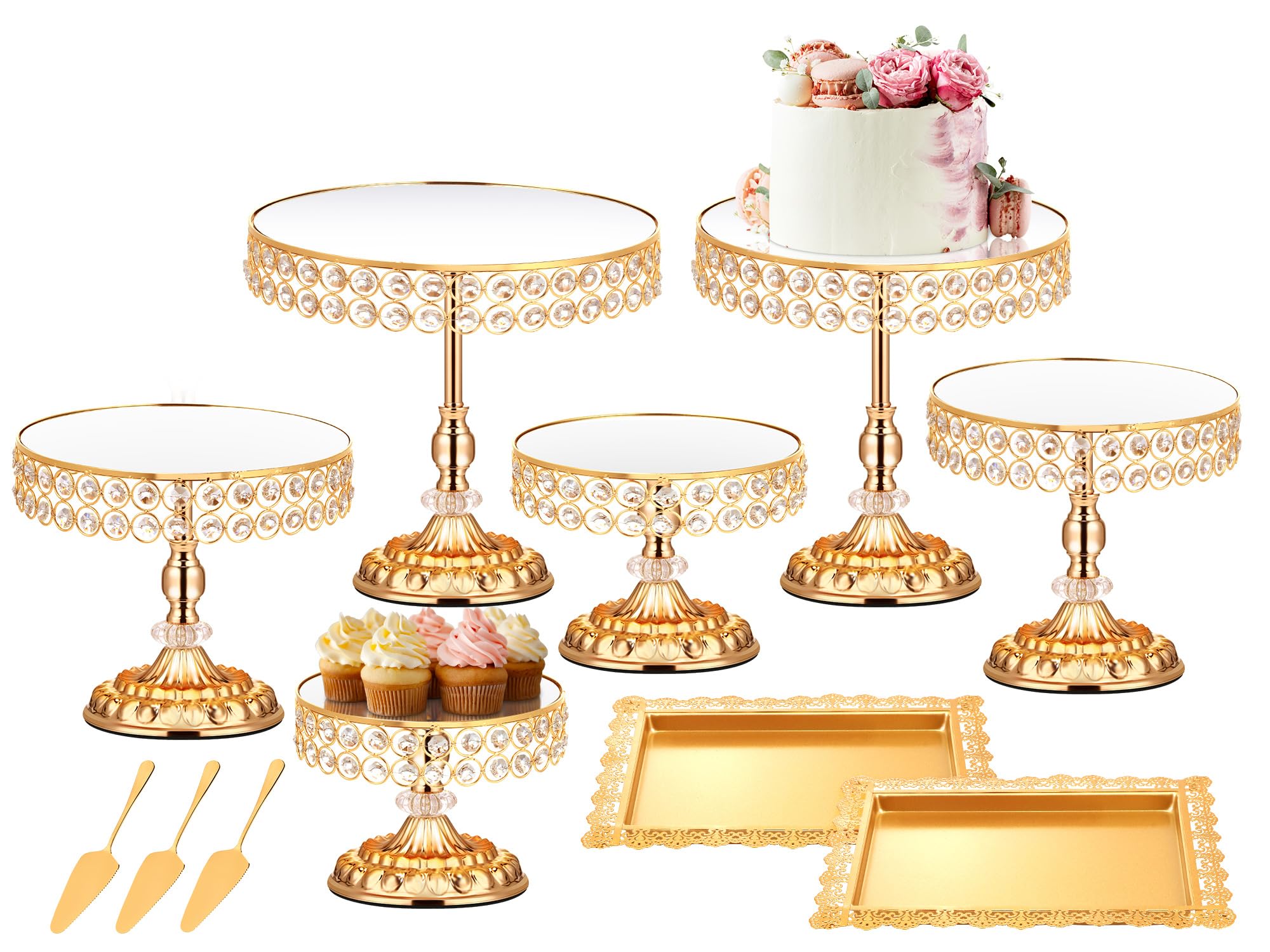 12 Pieces Gold Cake Stand Set, Vintage Cake Display Stand with Crystal Edge and Cupcake Display Tray, Dessert Table Display Set for Wedding Party Baby Shower Anniversary Celebration