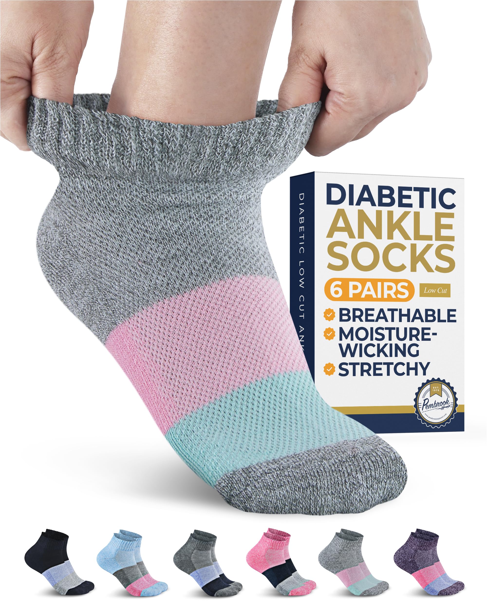 Pembrook Ankle Diabetic Socks for Women and Men - 6 Pairs | Low Cut Neuropathy Socks for Women | Smooth Toe Seams