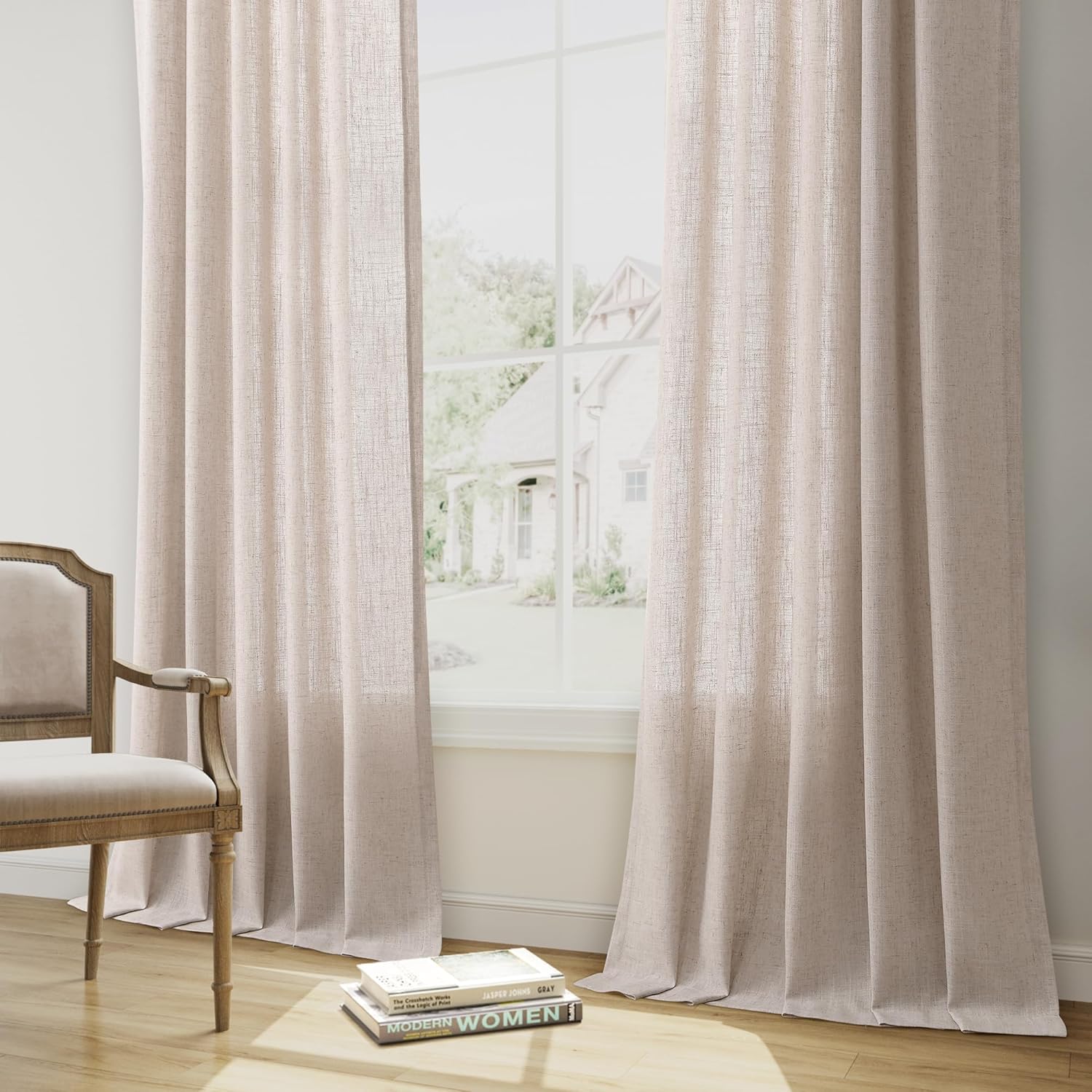 Oatmeal Beige Pleated Linen Curtains 84 Inch Length Curtains for Living Room Bedroom 2 Panel Cream Privacy Semi Sheer Window Curtain Light Filtering Boho Neutral Modern Farmhouse Drape 7 FT,40x84 Inch