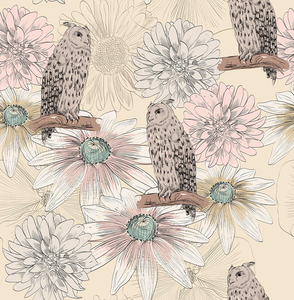Redamancy Green Boho Dahalia Flower Owl Vintage Peel And Stick Wallpaper Vintage Wall Paper Stick On Contact Paper Easy Peel Off For Nightstand Drawer Renter Friendly 17.7"X236"
