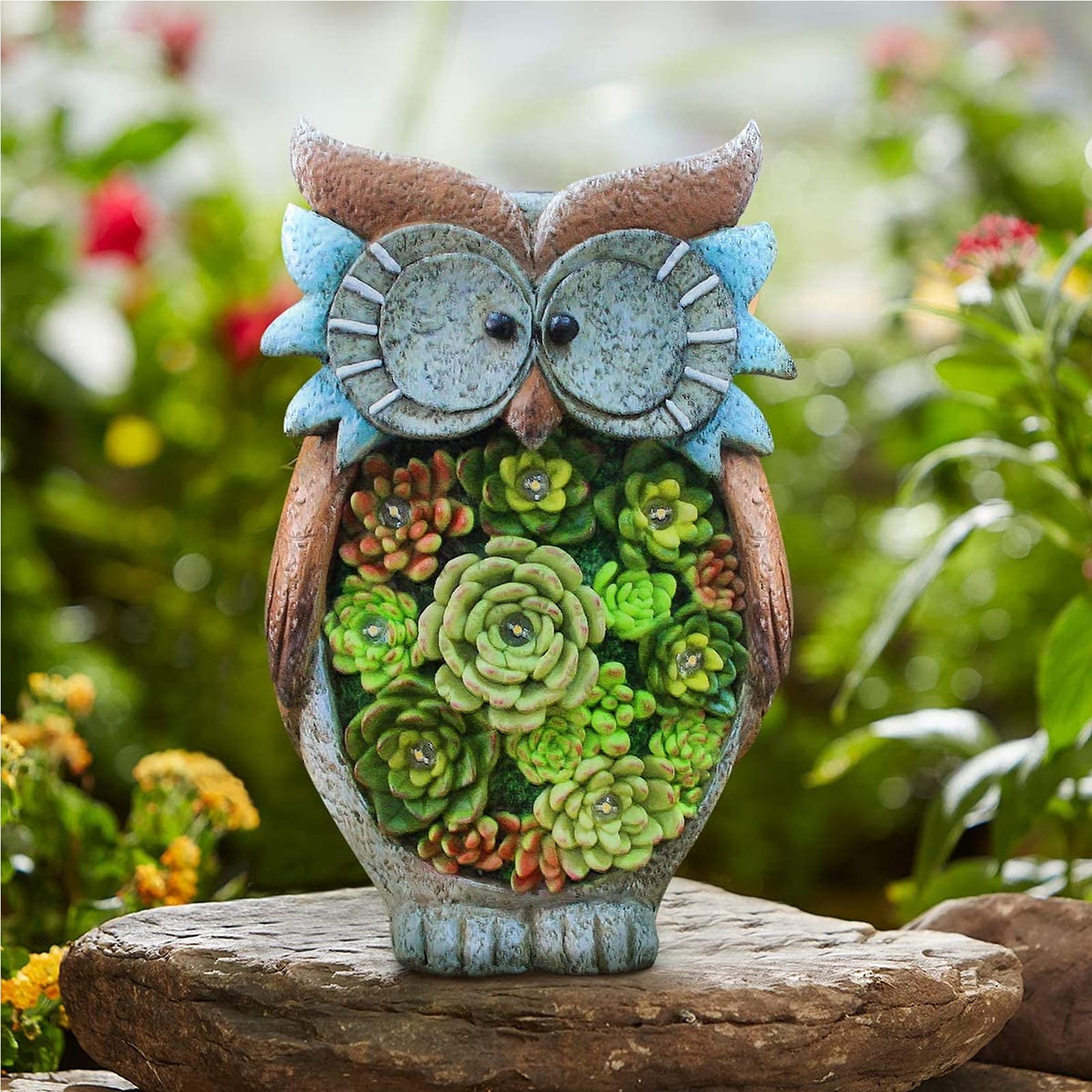 Statue de jardin hibou solaire extérieur en résine imperméable pour décoration de pelouse