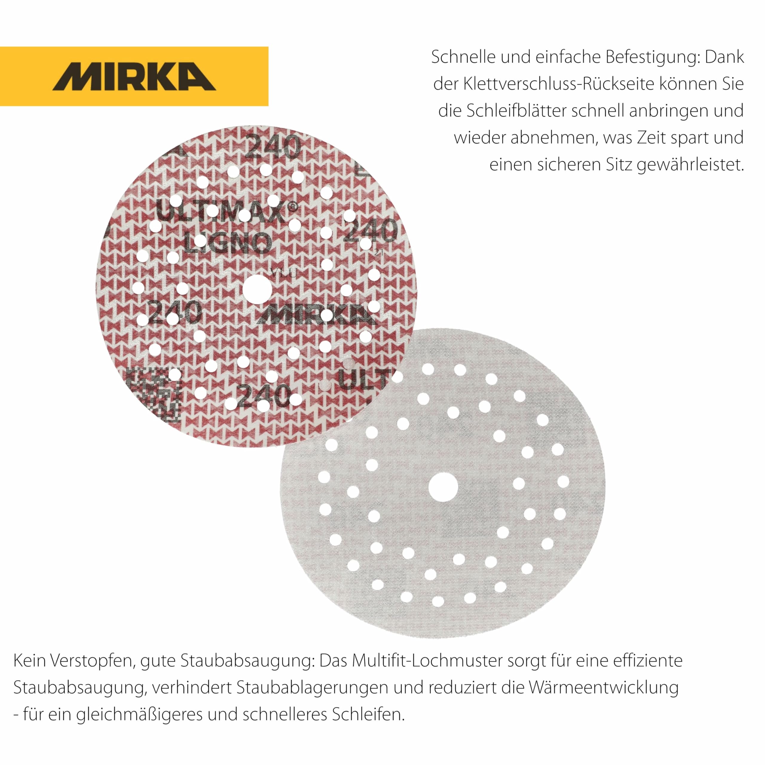 Mirka tarcze szlifierskie Ultimax Ligno 125 mm rzep Multifit | Multiperforowane tarcze szlifierskie do drewna z ziarnem 240 kompatybilne z szlifierkami mimośrodowymi i oscylacyjnymi