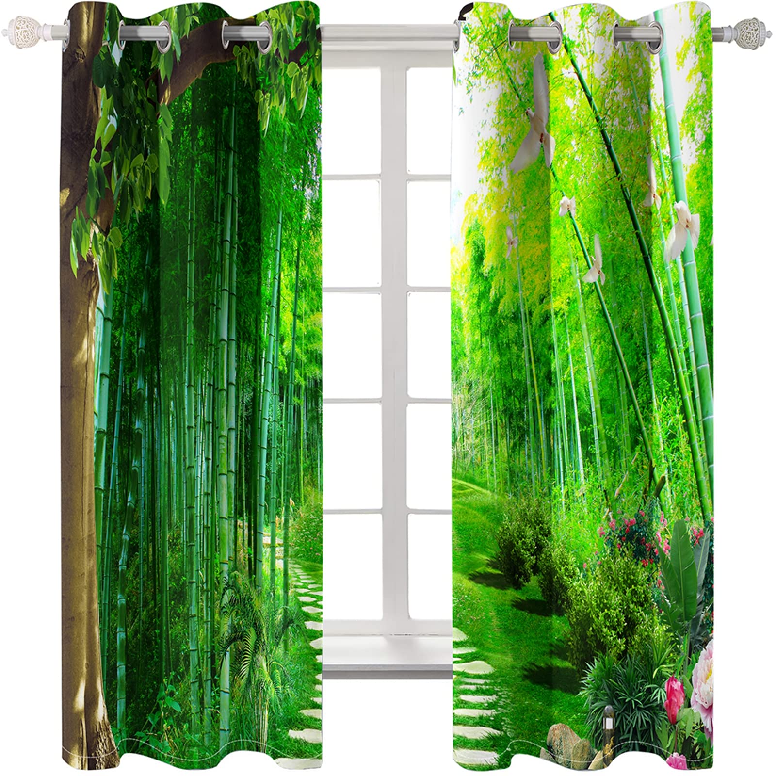 Aeici Cortinas Baño, Cortinas Cuarto Bambú Bosque Camino Flor Ave Verde para Dormitorio Sala de Estar, 214x138CM