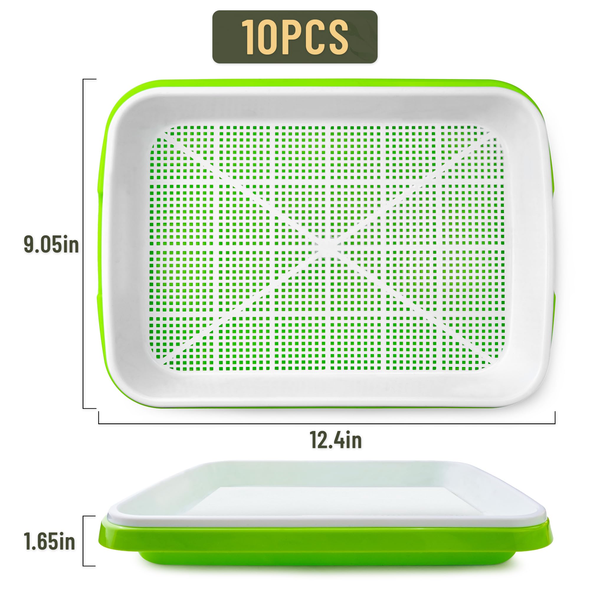 Lot de 10 plateaux de germination de graines avec trous de drainage, kit de germination des graines sans BPA, plateau d'herbe de blé sans terre, kit de culture de micropousses (vert)
