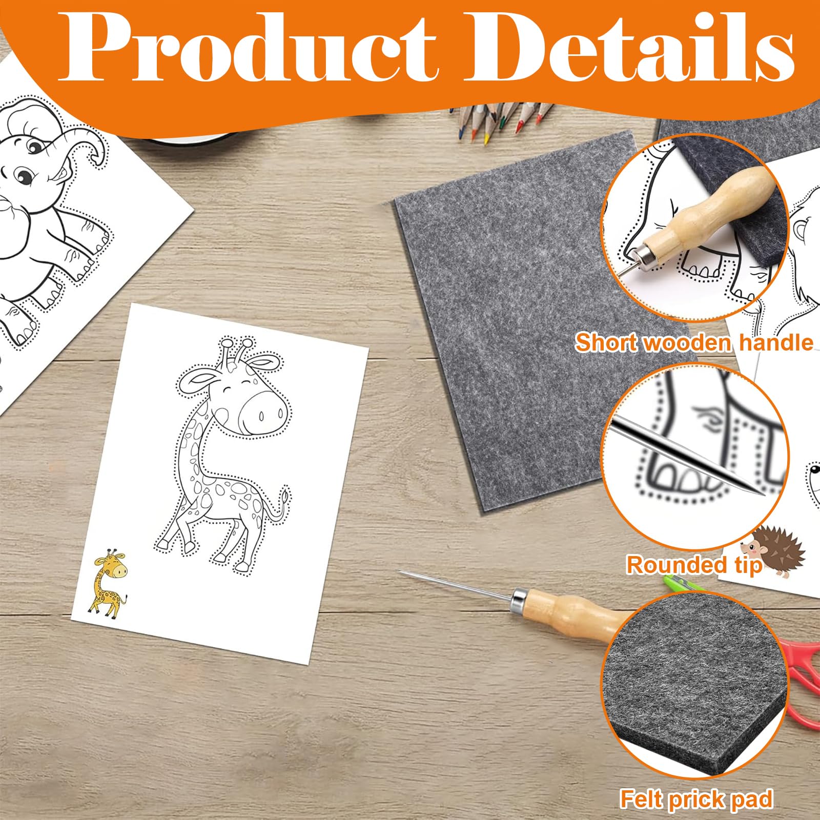 Kit D’aiguilles à Picoter Pour Enfants – Thème Dinosaures, 2 Aiguilles, 2 Feutrines, 10 Motifs – Dès 3 Ans, Sous Surveillance Parentale