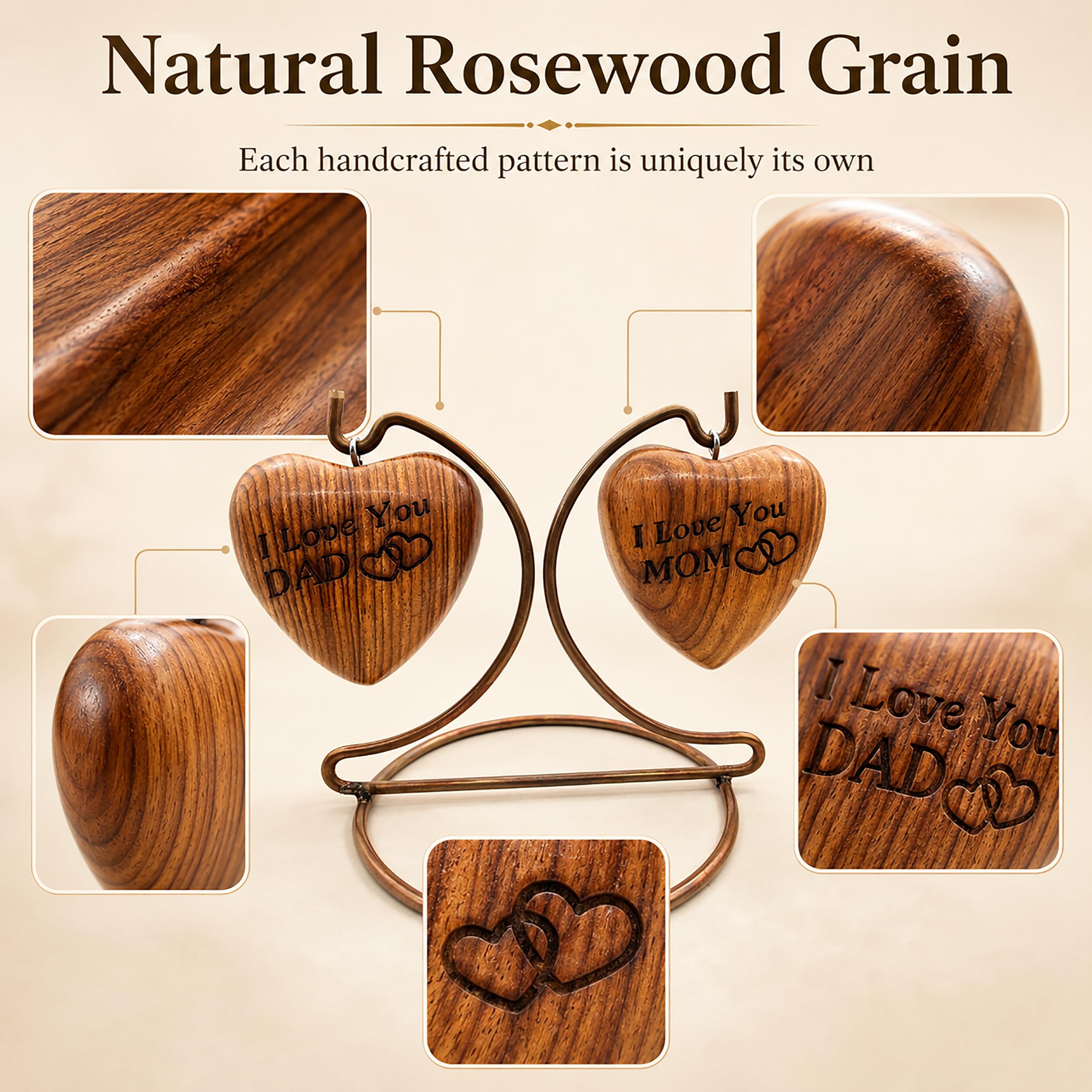 Urna de recuerdo de madera de doble corazón, pequeña urna de cremación hecha a mano para cenizas homenaje a tu mamá y papá, perfecta para tus seres queridos con soporte de exhibición con grabado "I