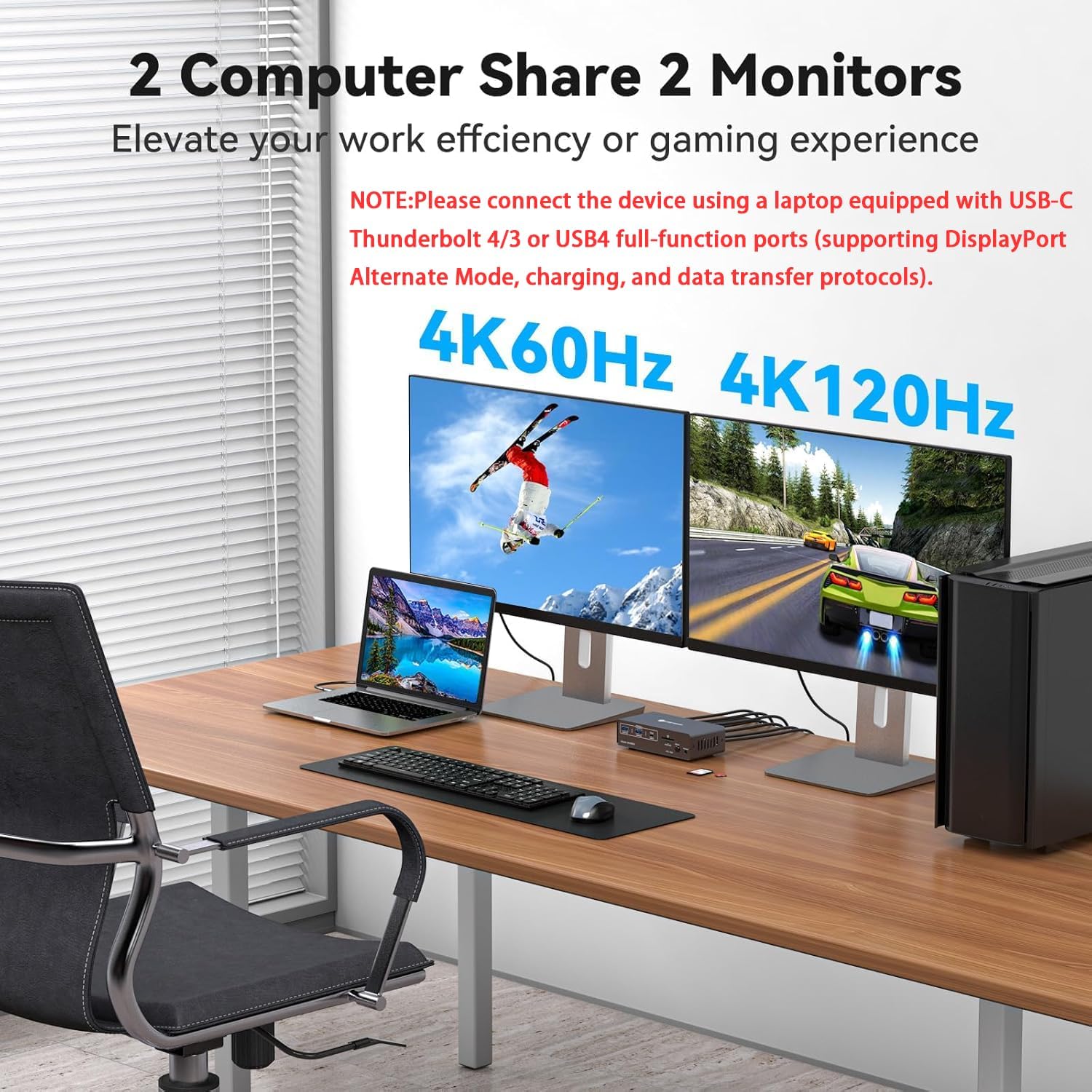 KVM Switch 2 Monitors 2 Computers Docking Station USB C +HDMI/DP Input, 4K60Hz/4K120Hz for Laptop and Desktop with 1*USB C +2*USBA 3.2 10Gbps + 2*USB 3.0 5Gbps and SD/microSD Card Slots