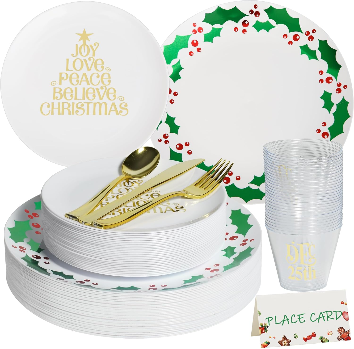 175pcs Christmas Dinnerware Set for 25 Guests, 25 10.25" Green Plastic Dinner Plates with Holly, 25 7.5" Dessert Plate Christmas Tree, 75 Silverware Set, 25 Cups and Place Cards