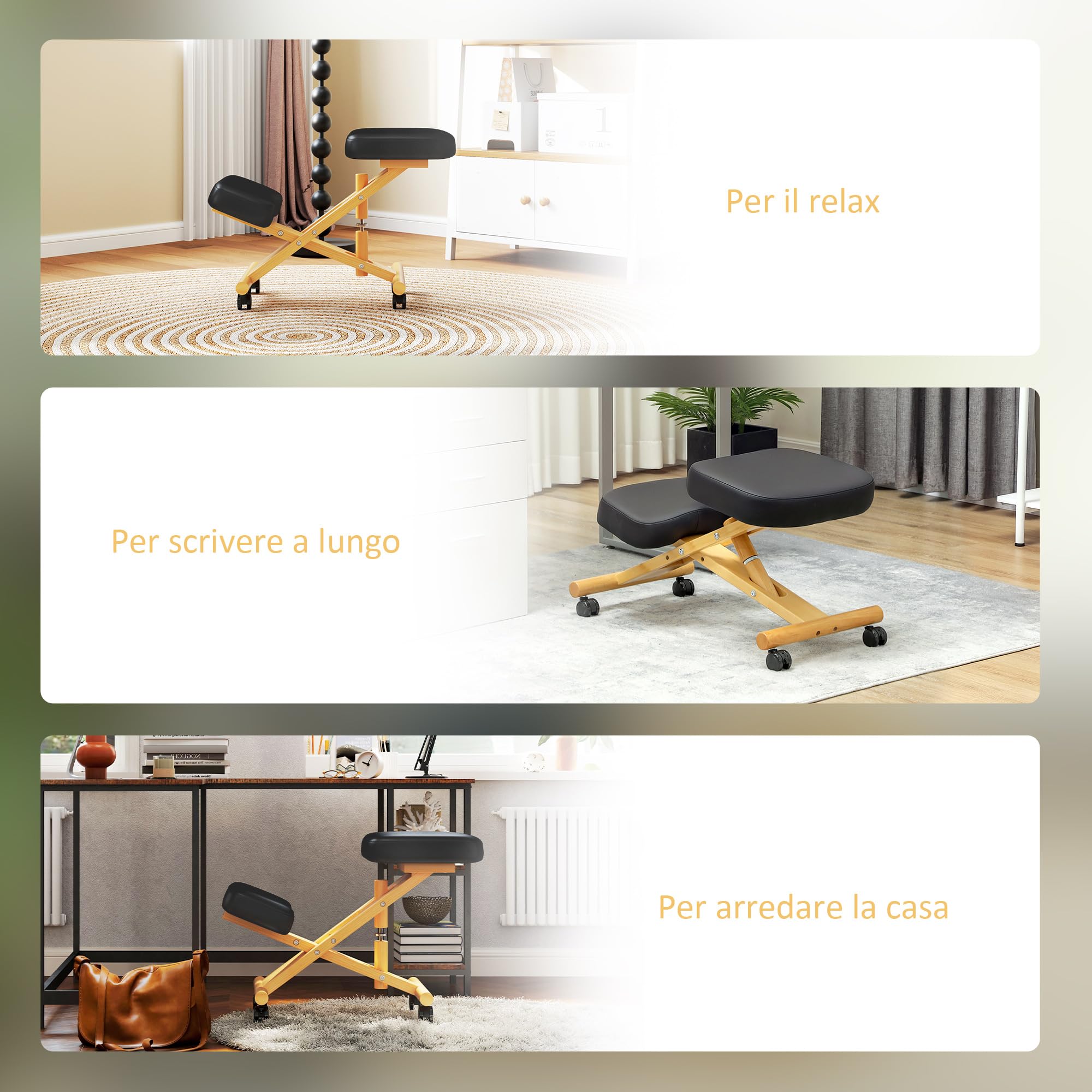 HOMCOM Sedia Ergonomica Inginocchiata con Rotelle in Legno di Caucciù Nero | Sedia Ergonomica Posturale da Ufficio e Casa, Sgabello Ergonomico Inginocchiatoio