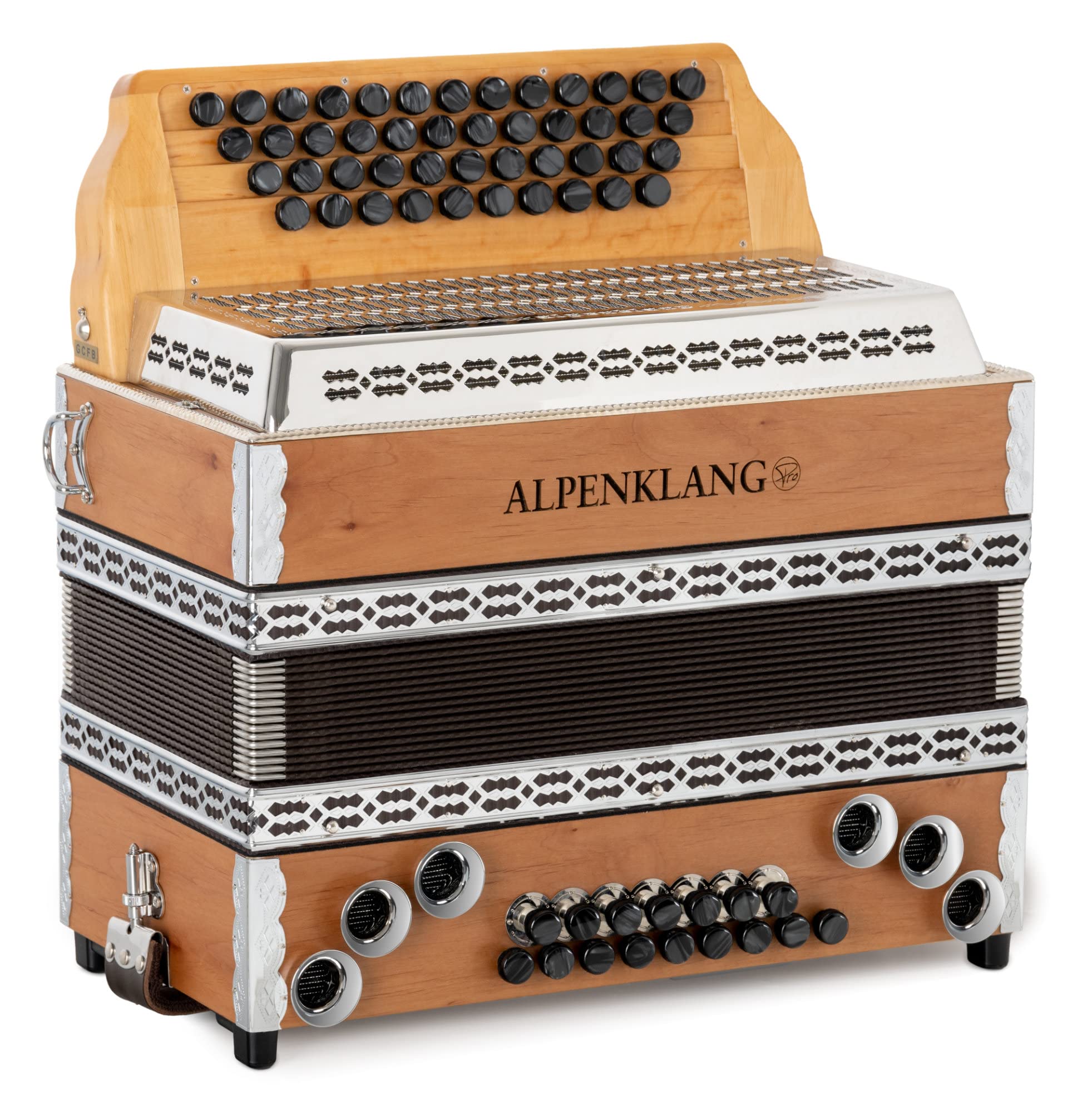 Alpenklang Pro Alpline 34 Eco Harmonika G-C-F-B MB - 46 boutons (4 rangées, 3 voix) - X-Bass découplé et H-Bass - Set incl. manuel Michlbauer avec CD - Hêtre