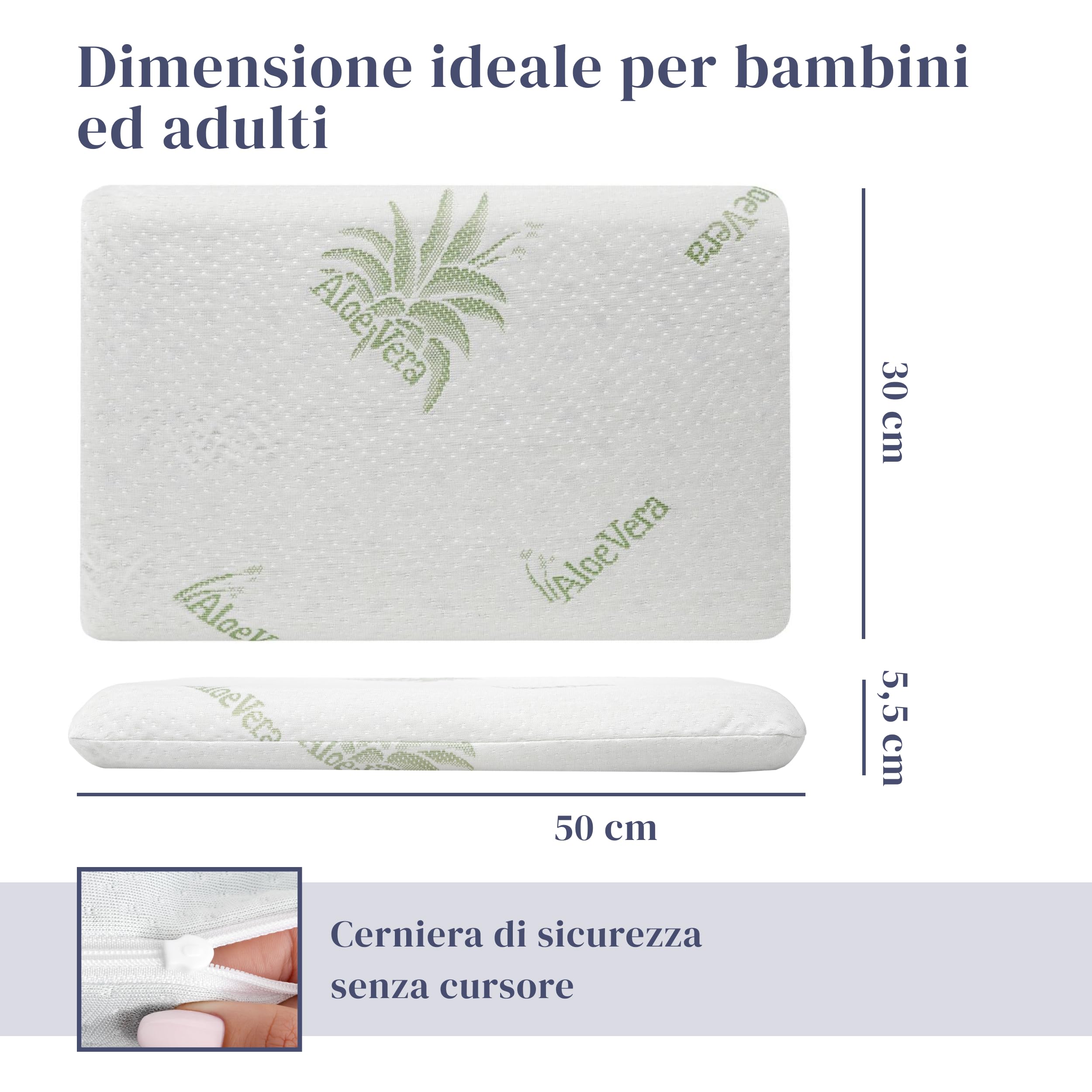 Ferò Cuscino Bambini Antisoffoco 30x50x5,5cm in Memory Foam, OEKO-TEX® e CertiPUR™, Cuscino Asilo con Federa Rimovibile all’Aloe Vera, Guanciale Letto Bambino Traspirante, 100% Made in Italy