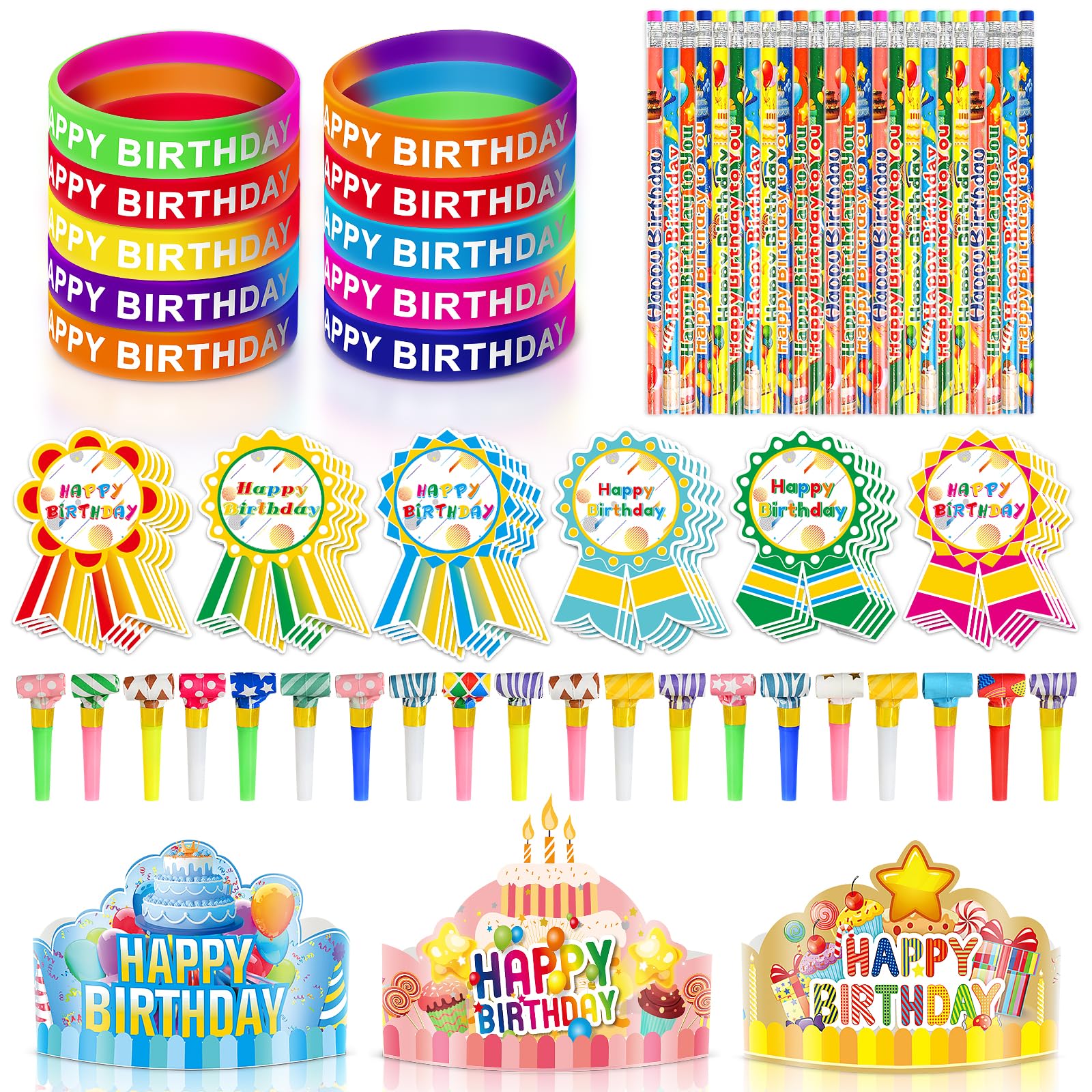 150 Pcs Happy Birthday Kits for Kids Classroom, Include Crowns, Silicone Stretches, Toy Whistles, Badge Stickers, Students Kindergarten Birthday Party Hats for School Teacher Classroom Party Supplies