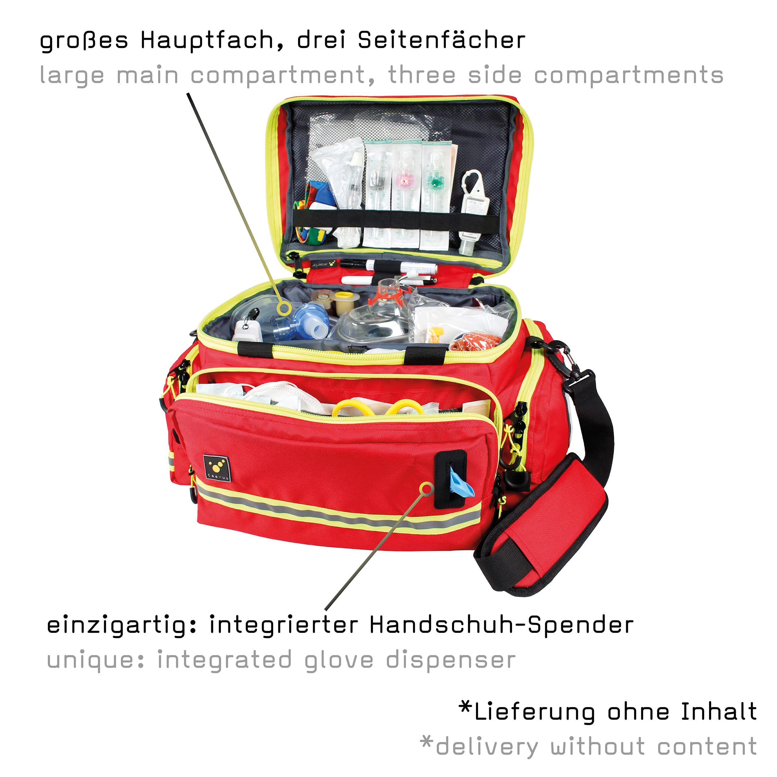 tee-uu MUC-M Notfalltasche rot | Erste-Hilfe Tasche | Rettungstasche | groß dimensioniert | 16,5 Liter Hauptfach | bewährte Qualität | Schultertragegurt | gepolstert | Handschuh-Spender