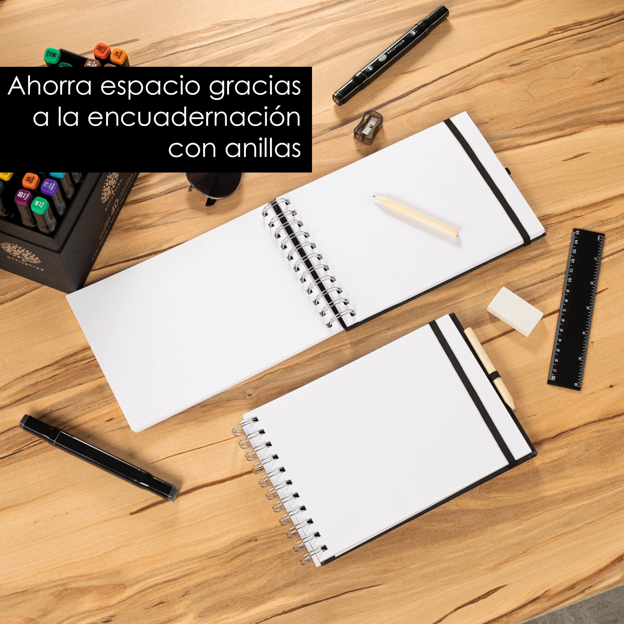 OfficeTree Cuaderno de dibujo A5 con anillas - Horizontal - 96 páginas, 48 hojas - Bloc dibujo A5 200 g - Bloc de dibujo para acuarela - Cuaderno dibujo con lápiz