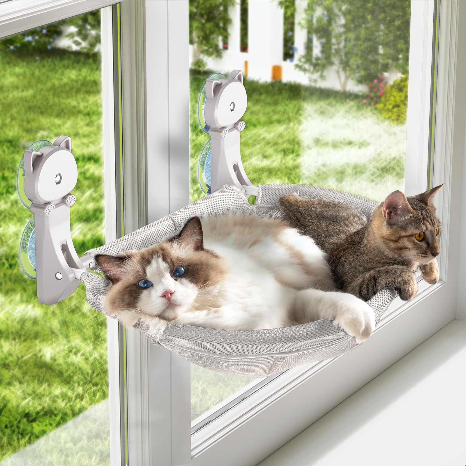 JUNSPOW Cat Window Perch Cordless, Glow in The Dark &amp; Stable Cat Beds- Breathable Window Hammock for Overlooking, Sunbathing and Climbing - Maximum Hold Up to 40lb(Light Grey)