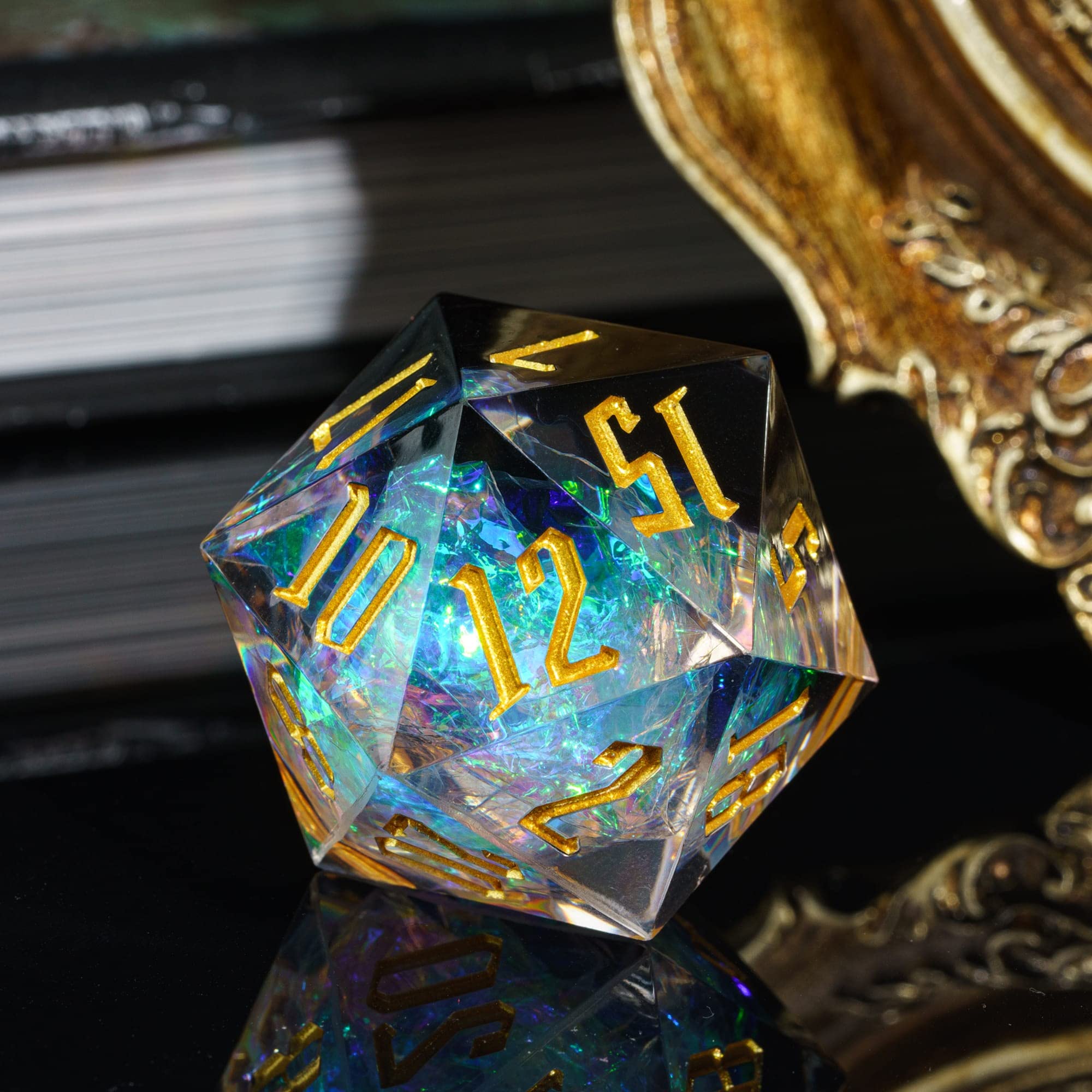 Cusdie Dadi D20 DND da 33 mm, con bordi affilati e inclusioni in lamina glitterata, dadi singoli da 20 lati, per giochi di ruolo come regalo per giochi di ruolo come dungeons e draghi (nero