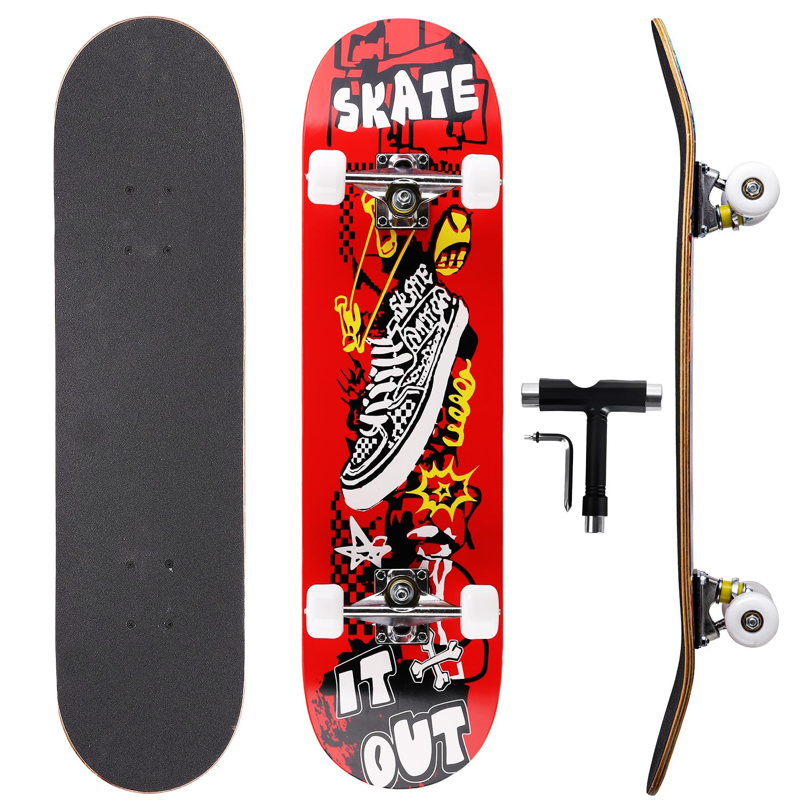 Casual Graffiti Professional Double Kick Skateboard, 31 inch Maple Deck, ABEC-11 Bearings, 95A PU Wheels