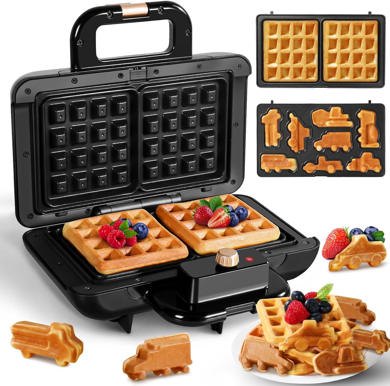 Mini Waffle Maker with Removable Plates, 2 in 1 Cars and Trucks Waffle Maker for Kids Make 8 Fun Different Car Waffle in Minutes Waffle Irons Non-stick Pancakes Maker Machine Unique Gifts for Family