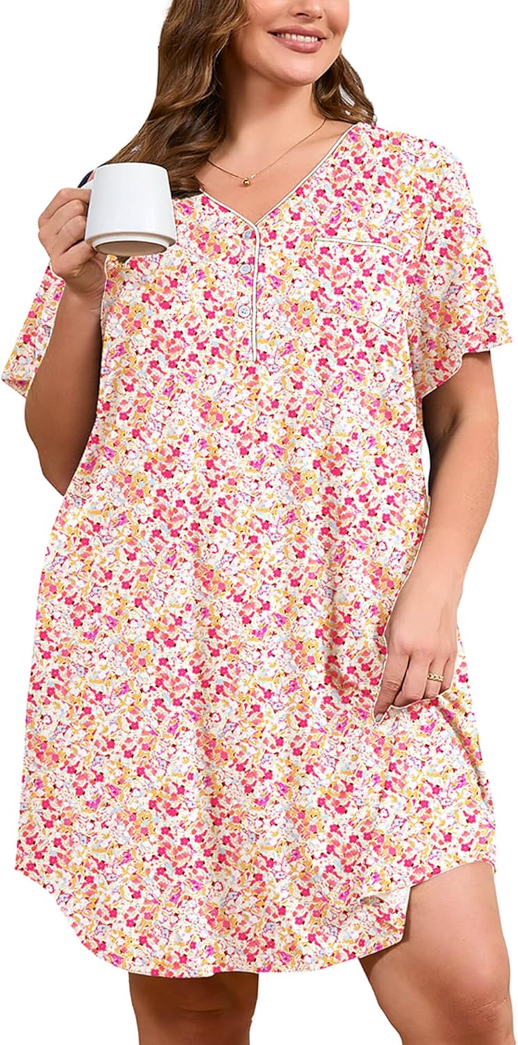 AusLook Plus ナイトガウン 女性用 半袖 ボタンダウン Vネック ハウス Tシャツ ドレス ゆったり マタニティ ナイト