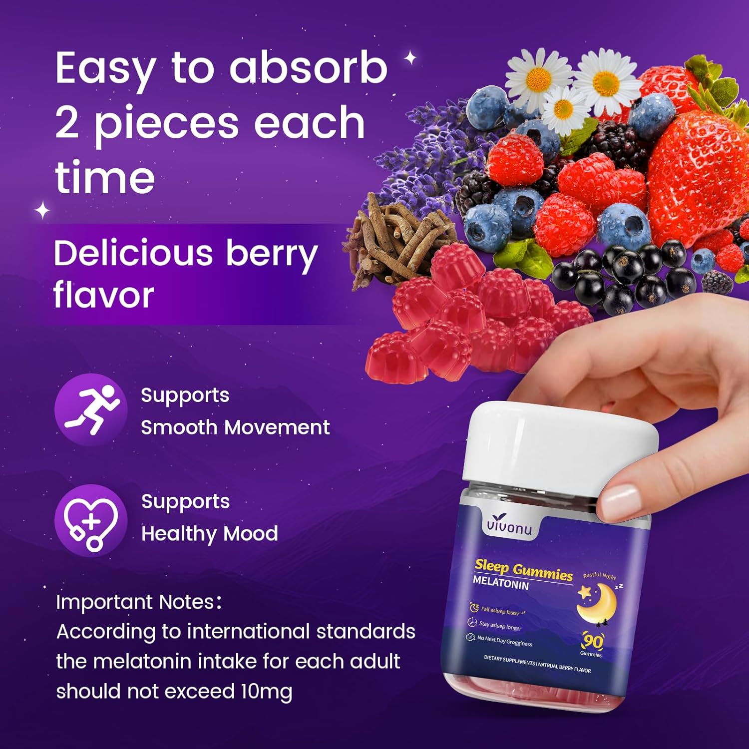 Melatonin Gummies 10mg, 9-in-1 Natural Herbal Sleep Aids for Adults, Sleep Gummies with Magnesium Glycinate, Valerian Root, L-Theanine and Vitamin B6, etc, 45 Days Supply, Non GMO, Berry Flavored