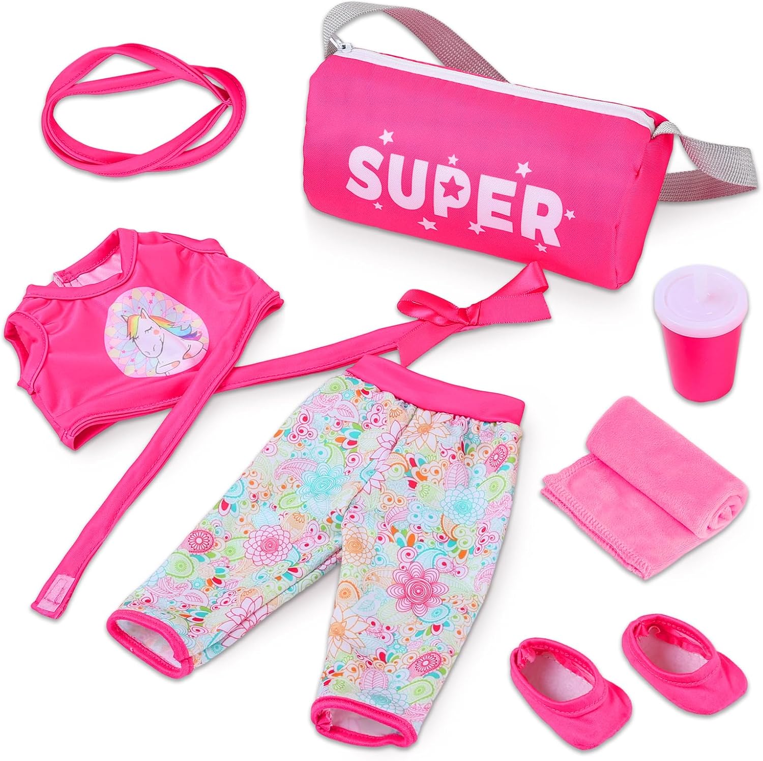 American 18 inch Doll 7-Piece Gymnastics Doll Yoga Outfit Set , Pink Pony Design with Accessories, Sports Bag and Headband (Dolls NOT Included)