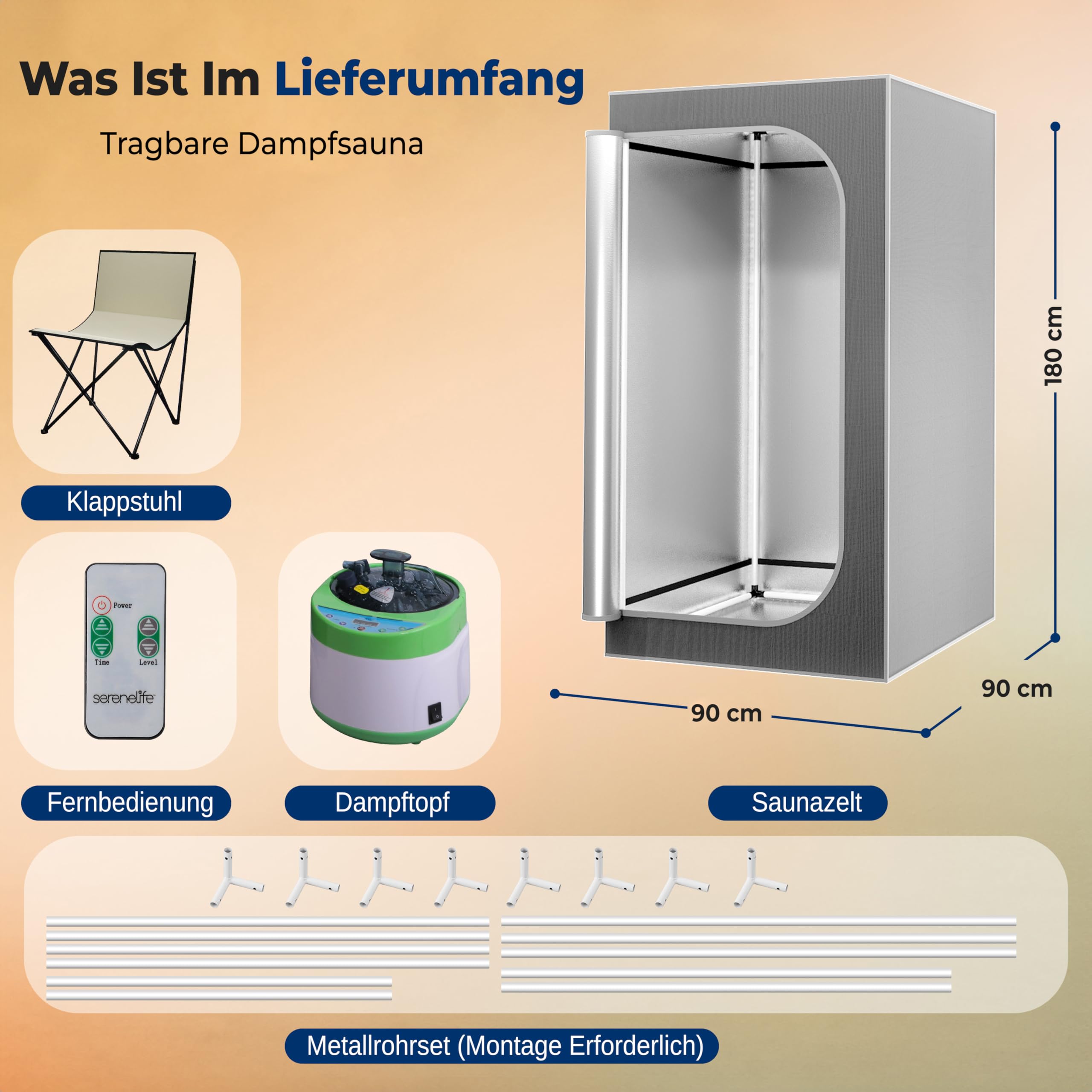 SereneLife Dampfsauna Grau 90×90×180 cm – Mobile Heimsauna mit klappbarem Stuhl und Dampfgenerator Faltbare Mini Sauna für Zuhause, Tragbare Wärmekabine bis 50 °C, Fernbedienung und Timer-Steuerung