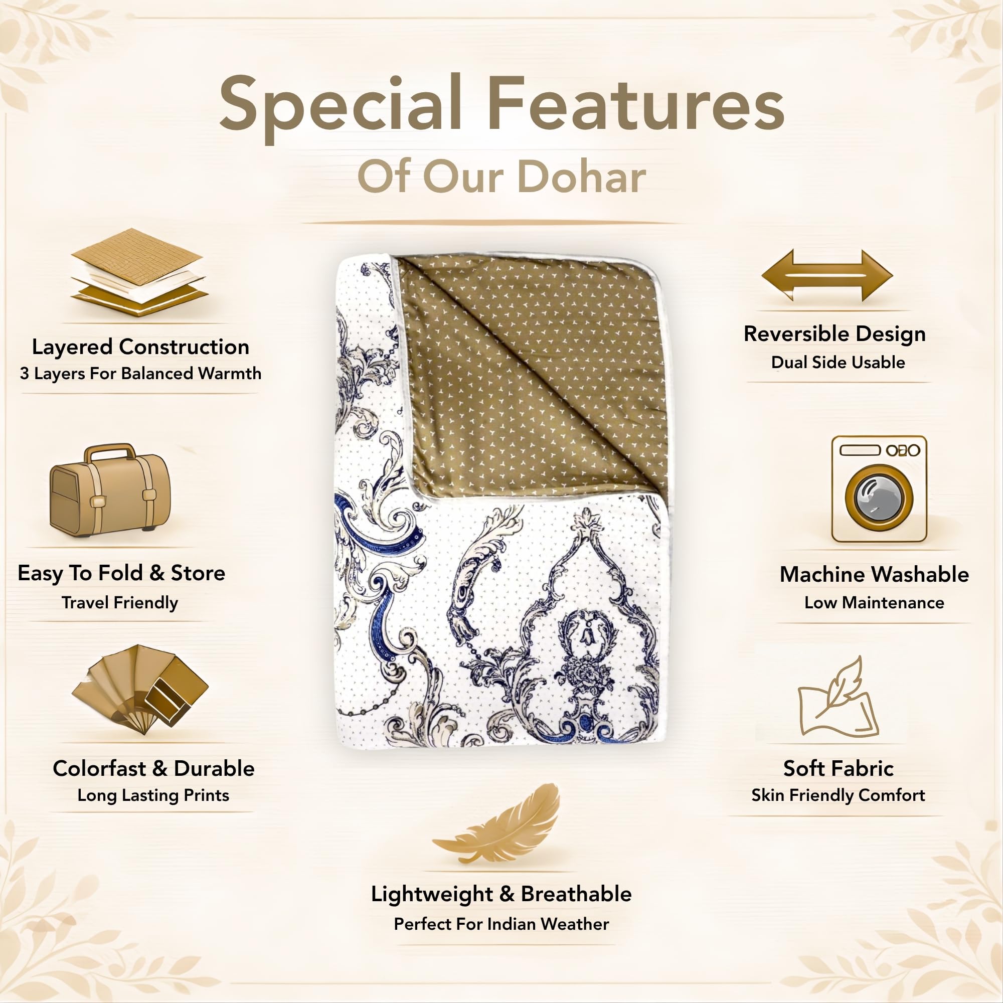 Divine Casa Kalamkari - Manta reversible Dohar de microfibra de 120 g/m², ligera, para cama individual, para todas las estaciones, tamaño 140 x 210 cm, tabaco seco de color