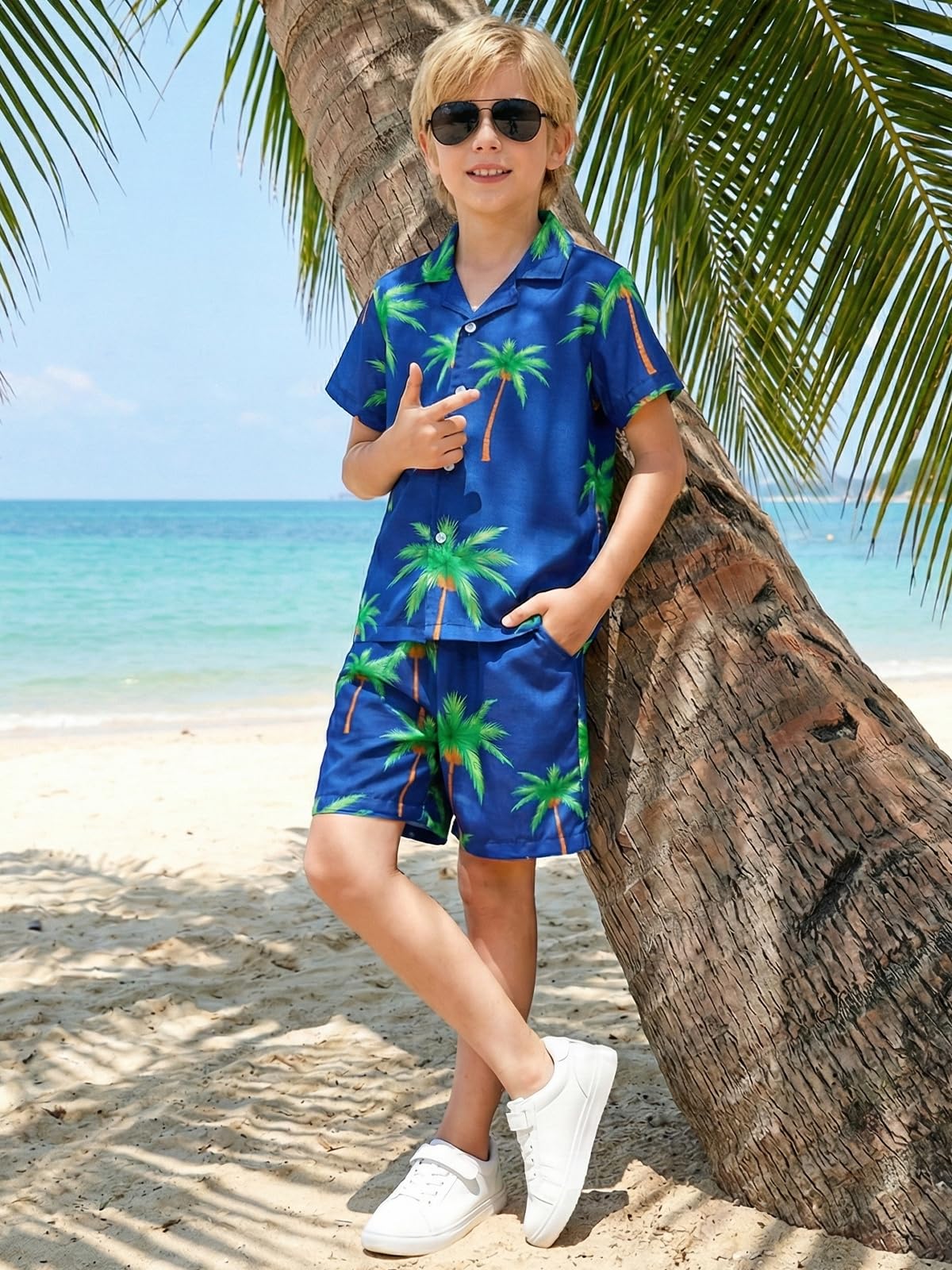 Hotfiary Completo hawaiano per bambini, set da 3 pezzi con pantaloncini con stampa tropicale, magliette e cappello, set estivo casual con risvolto, top e pantaloni a maniche corte, vestiti per 5-14