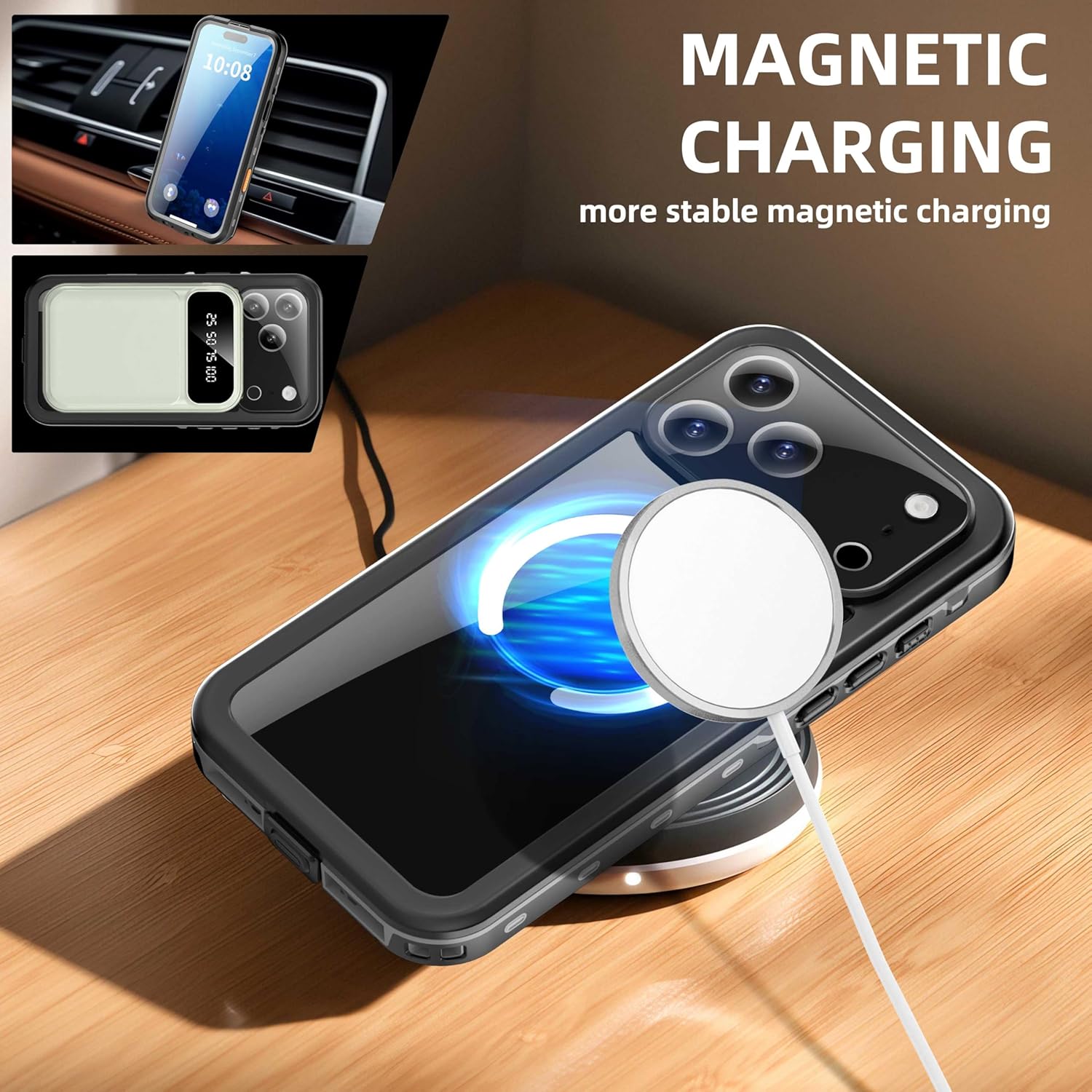 Rugged 3-Layer Case for iPhone 17 ProMax, Magnetic Compatible IP68 Waterproof Dustproof Underwater Phone Cover with Screen Camera Lens Protector, Heavy Duty Full Body Durable,Black​
