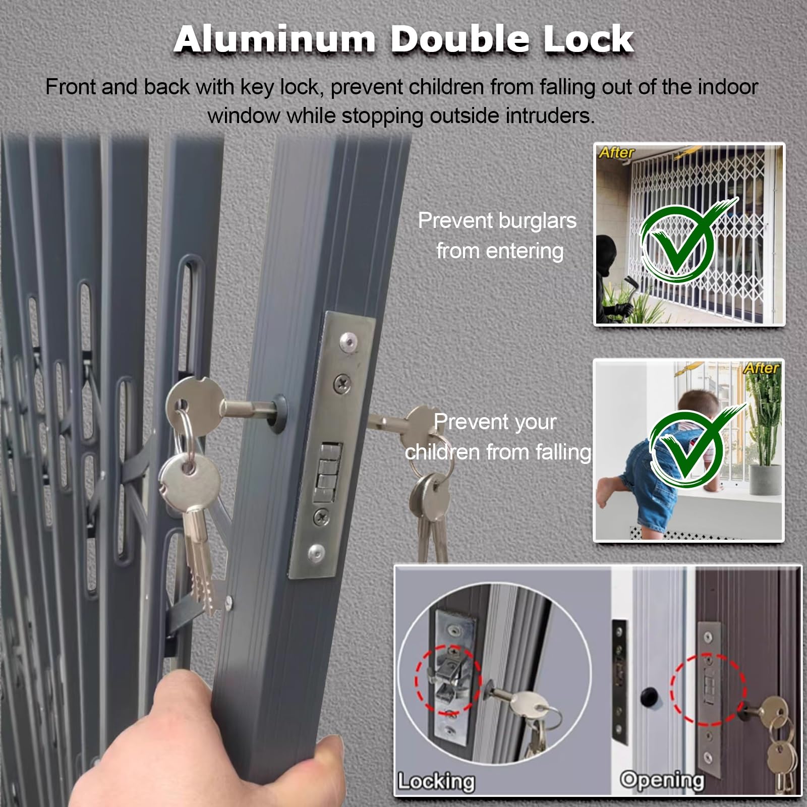 Barandilla plegable de aluminio retráctil, barras de seguridad autoinstalables para interiores y exteriores con bloqueo antirrobo para ventanas, 67 x 47.2 pulgadas