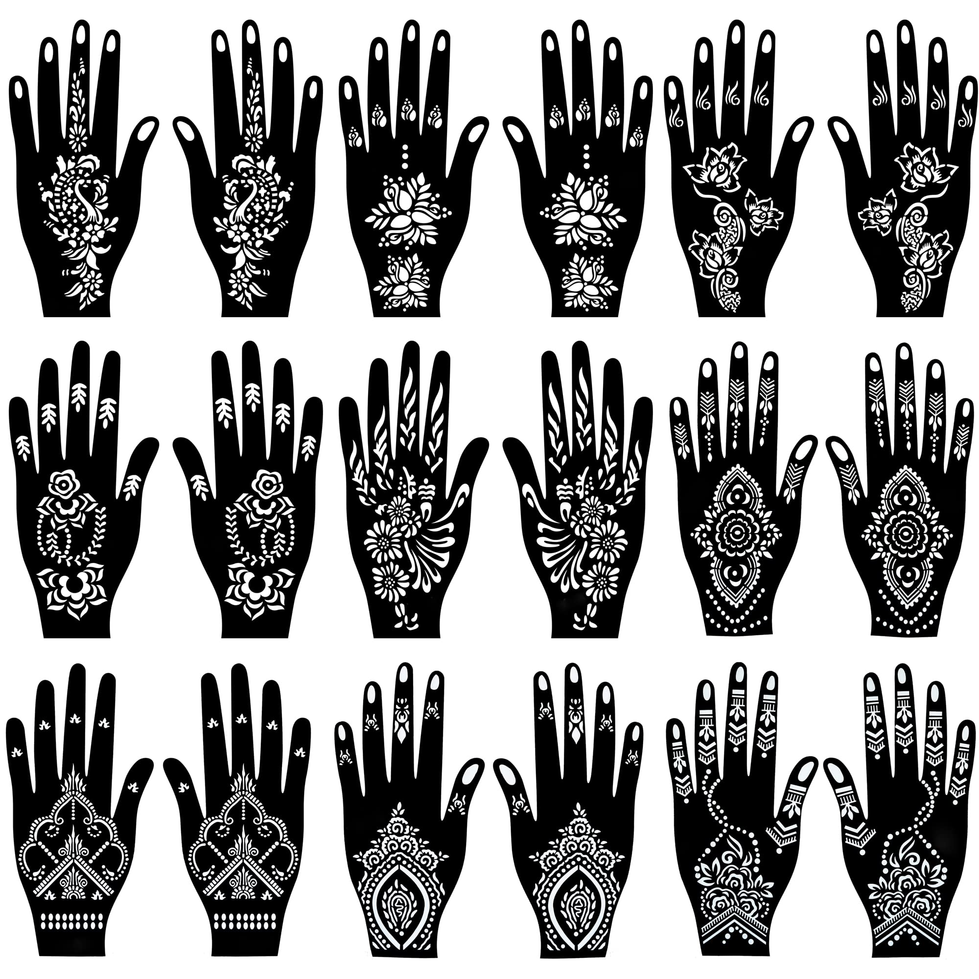 18 Sheets of Henna Stencils for Hands - Indian and Arabian Temporary Tattoo Templates for Hand and Body Art