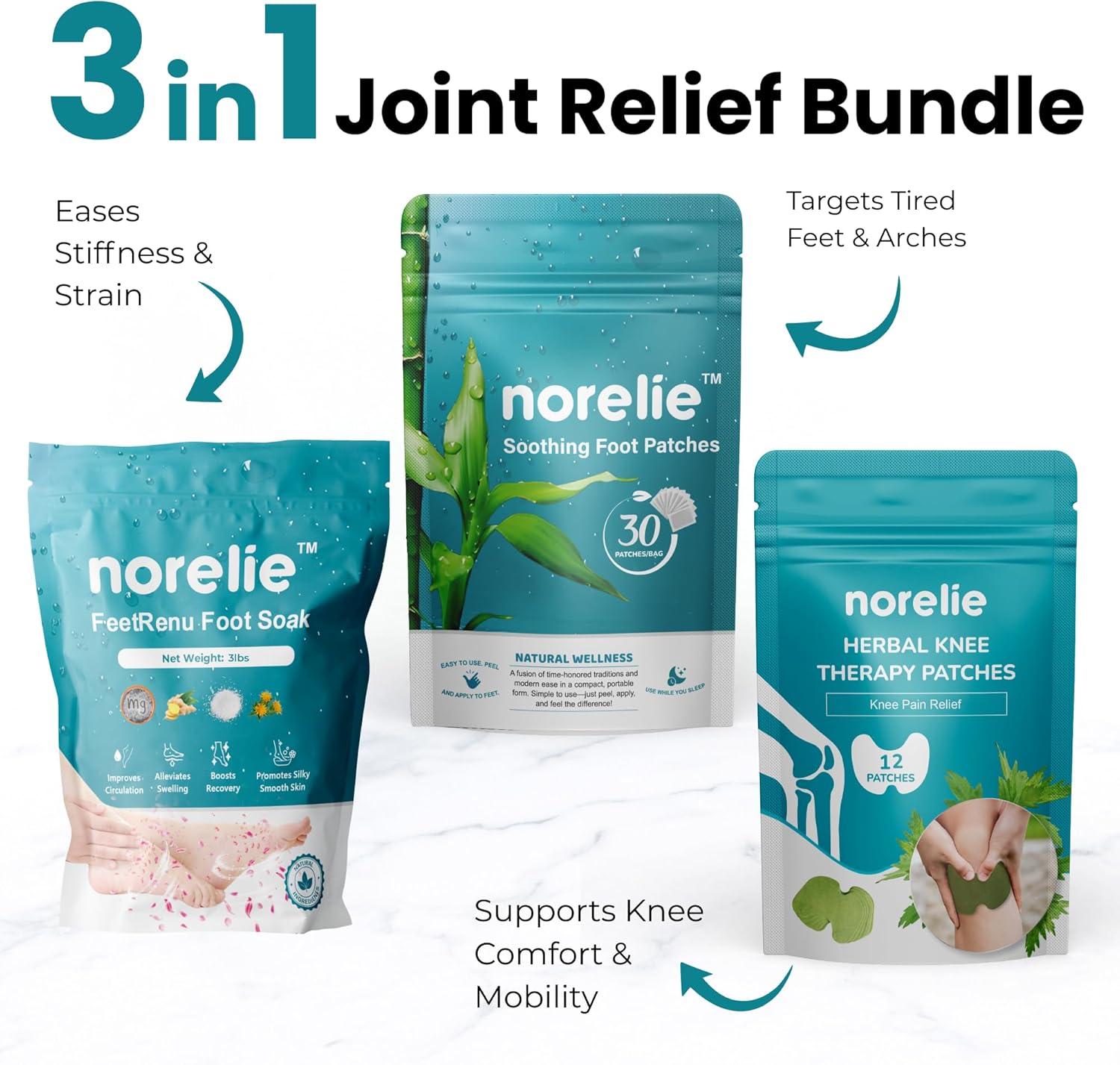 Norelie Joint Relief & Recovery Bundle | Knee Patches + Foot Patches + Soak | Complete at-Home Kit for Foot & Joint Wellness Care