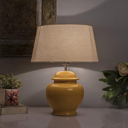 Homesake Ceramic Gurad Pot Shaped Base Yellow, Table Lamp with Shade, Set of 2, (Beige)