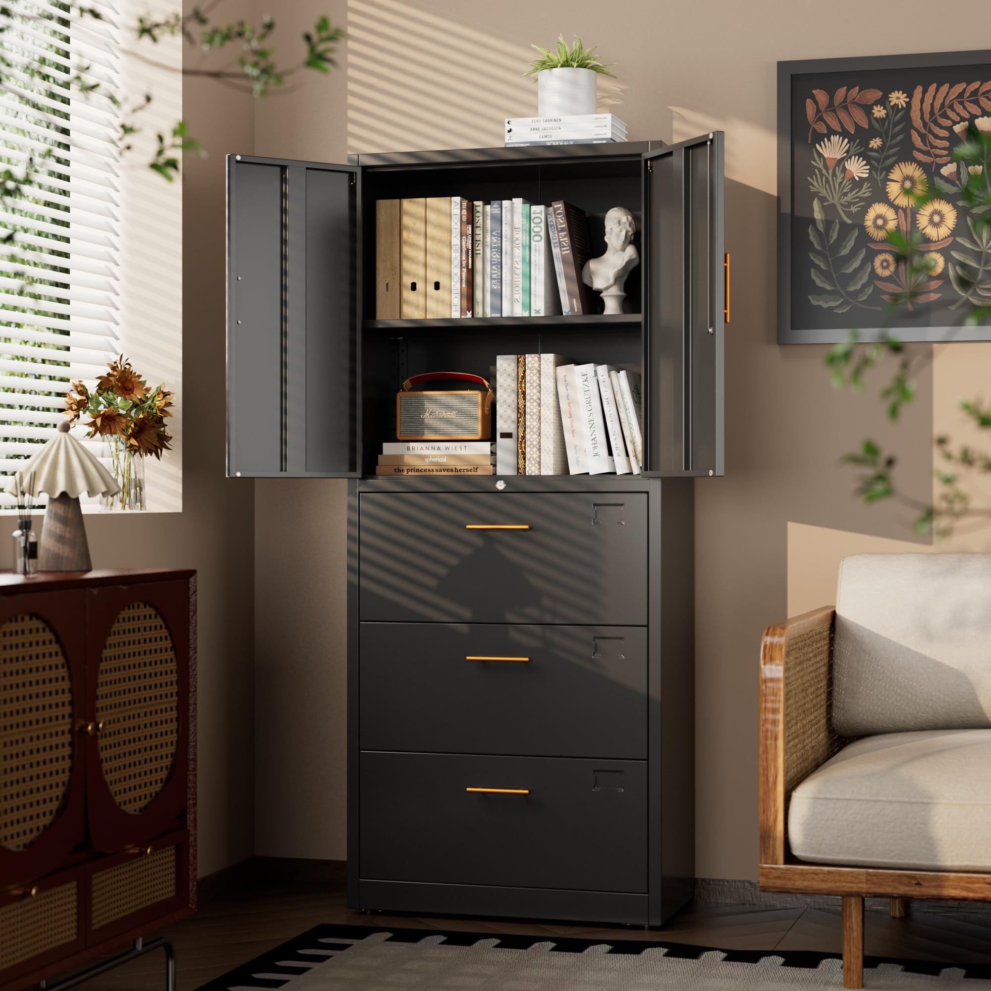 Aobabo Metal Storage Filing Cabinet mit 3 Schubladen, Metall -Büro -Aktenschrank mit abschließbaren Türen und Schubladen für Home Office, Hangdateien Brief/Rechtsgröße, Schwarz, Schwarz