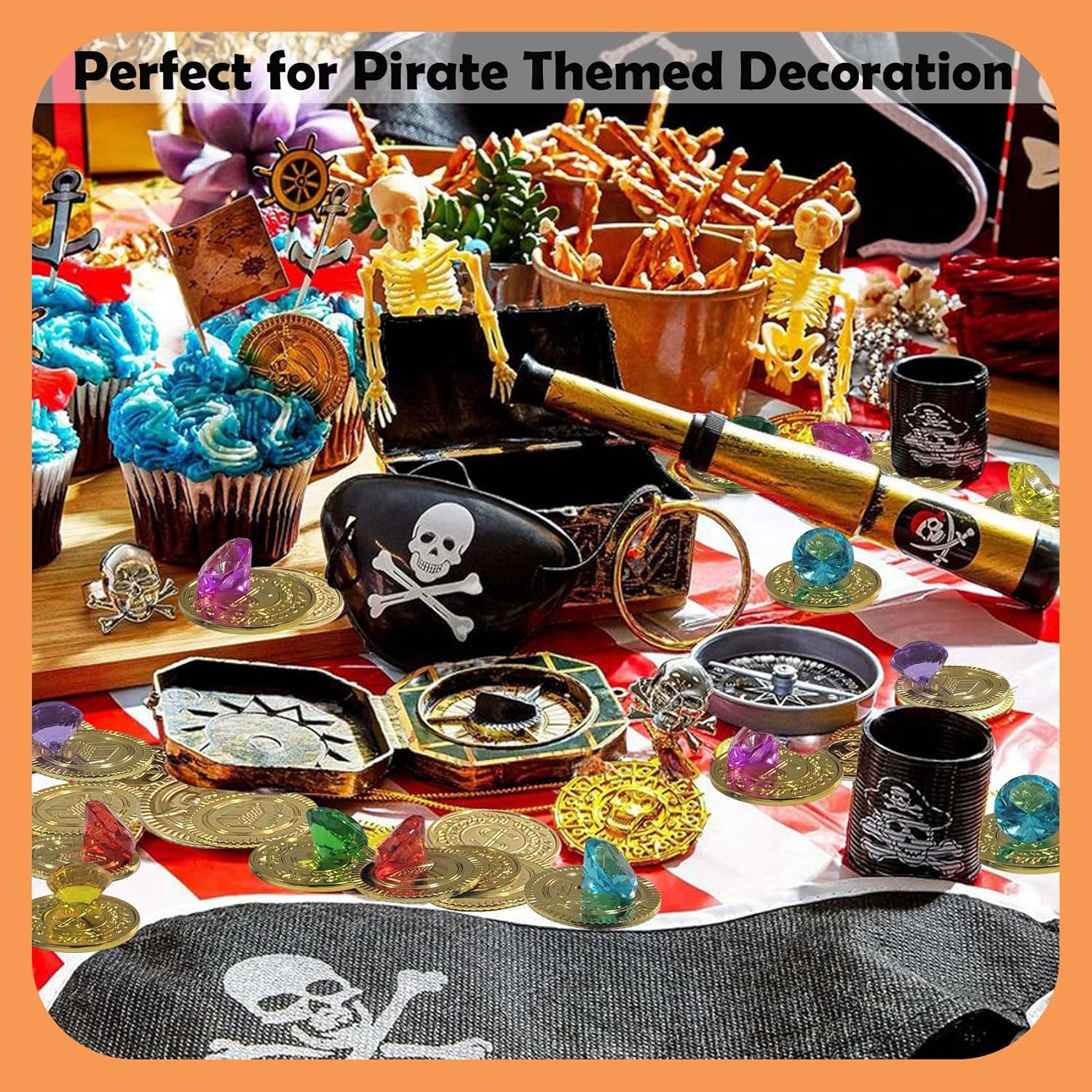 Treasure Chest for Kids Prizes,Plastic Treasure Chest with 288 Treasure Gold Coins and Gems,Jewels- Perfect for Pirate Themed Parties and Games