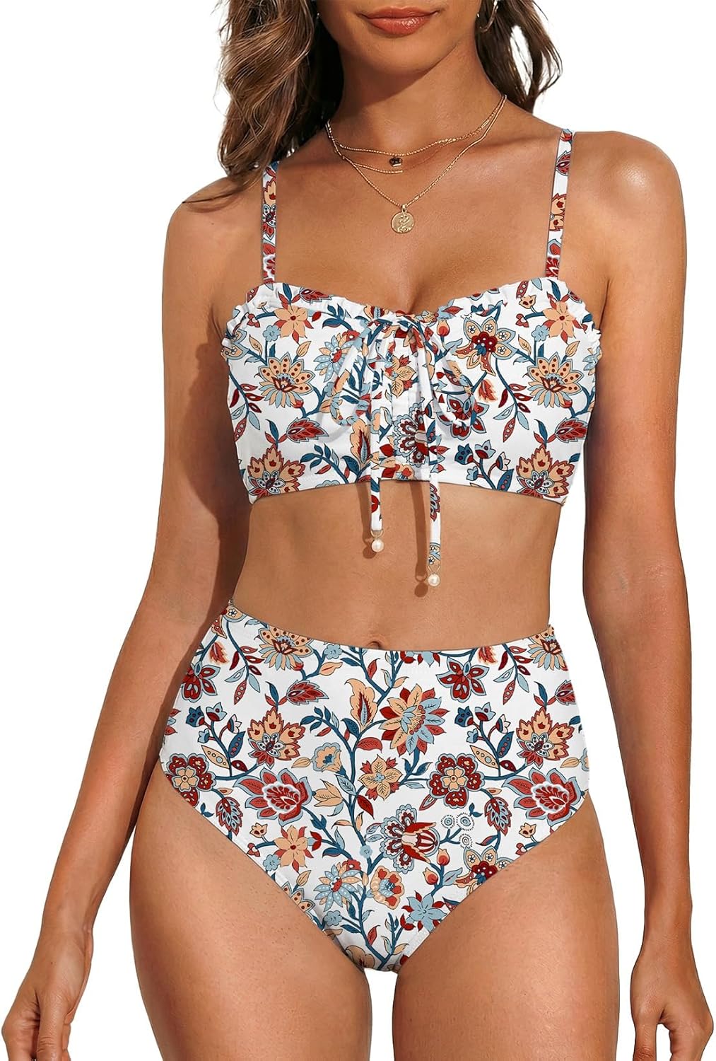 Herseas Women's Floral Print Bikini Sets Lace Up Front 2 Piece High Wasited Swimsuits Ruched Ruffle Trim Bathing Suit