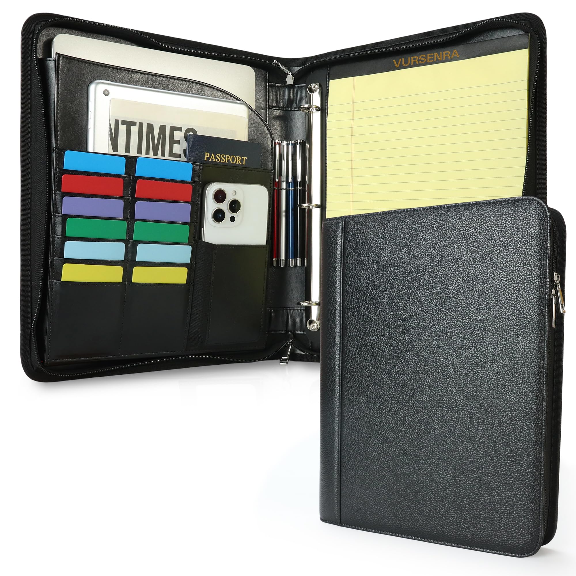 Zippered Padfolio with 3 Ring Binder, A4 Letter Portfolio
