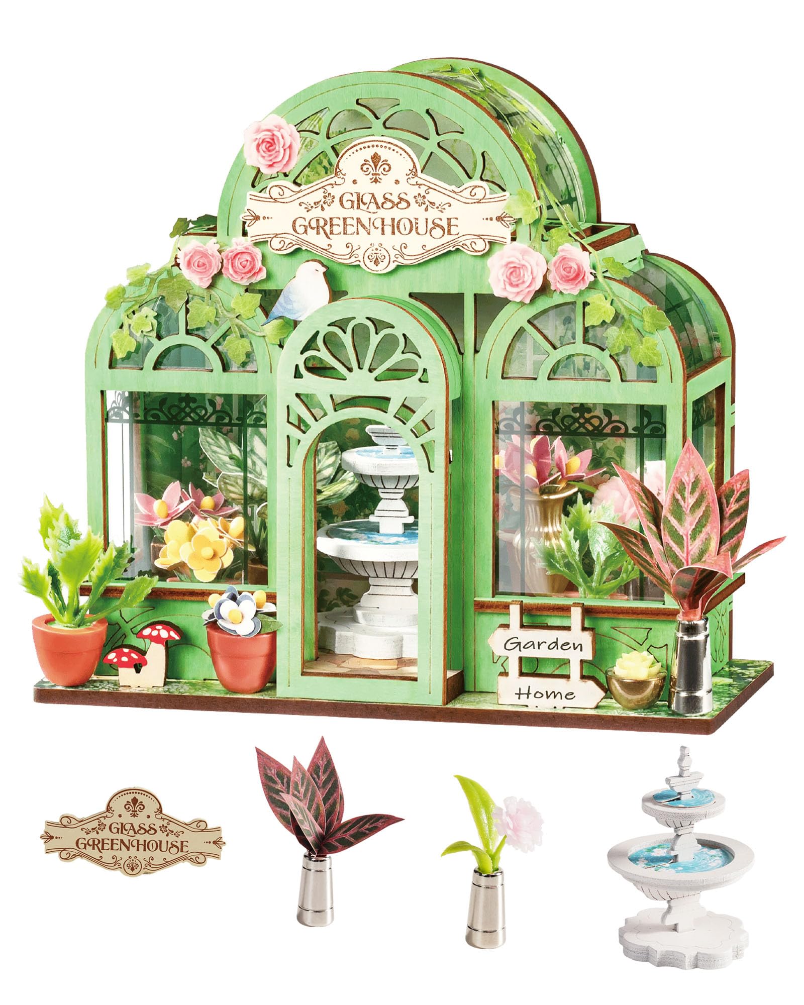 Rolife DIY Miniature House Kit Green Fountain Garden, 115-Piece Model Kit Dolls House for Adults Teens No Glue Needed, 3D Puzzle Mini House Building Kit 1.5-Hour Assembly Book Nook Craft Kit