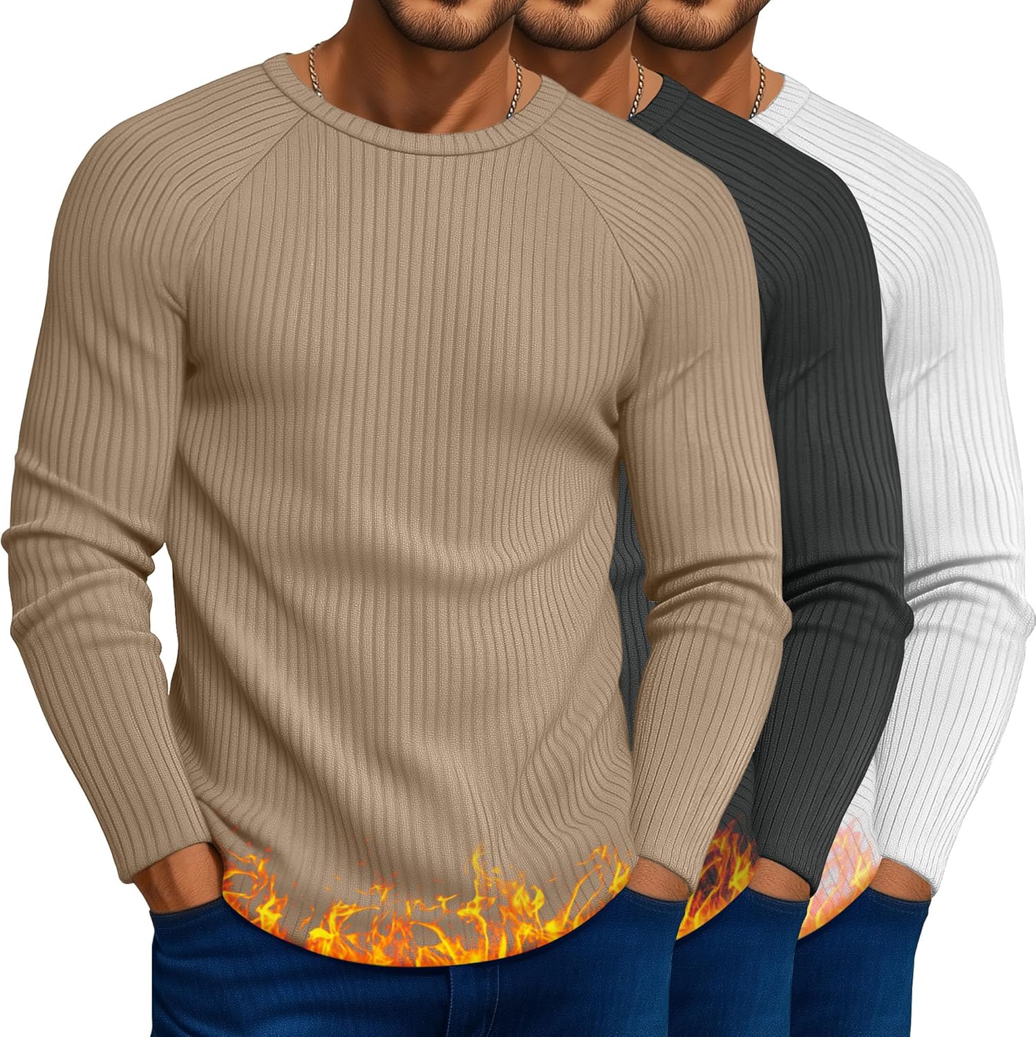 Sweetyweee 3 Pack Men's Big and Tall Thermal Shirts Ribbed Long Sleeve Cotton Crew Neck Tops Raglan Basic Undershirt