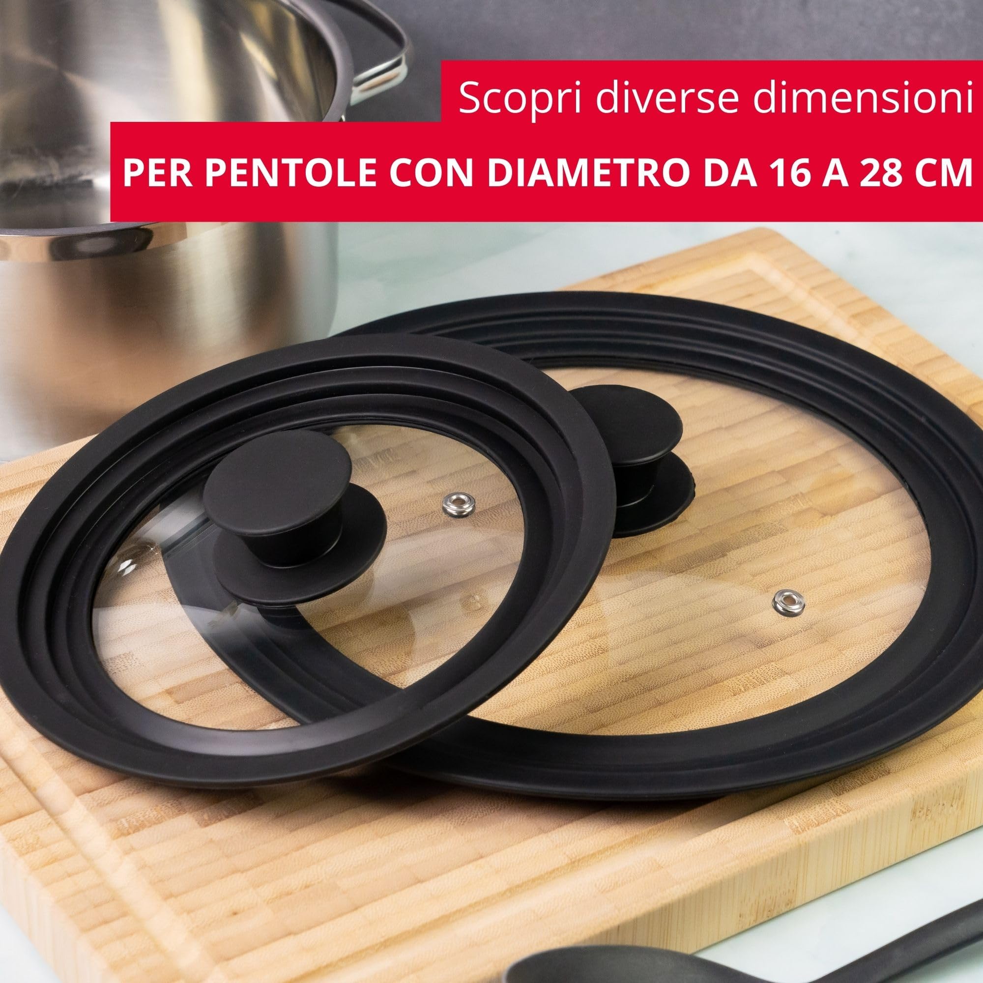 Westmark Coperchio universale con bordo in silicone - Versatile per pentole e padelle con Ø da 24 a 28 cm, vetro di sicurezza resistente al calore - 290 × 290 × 51 mm