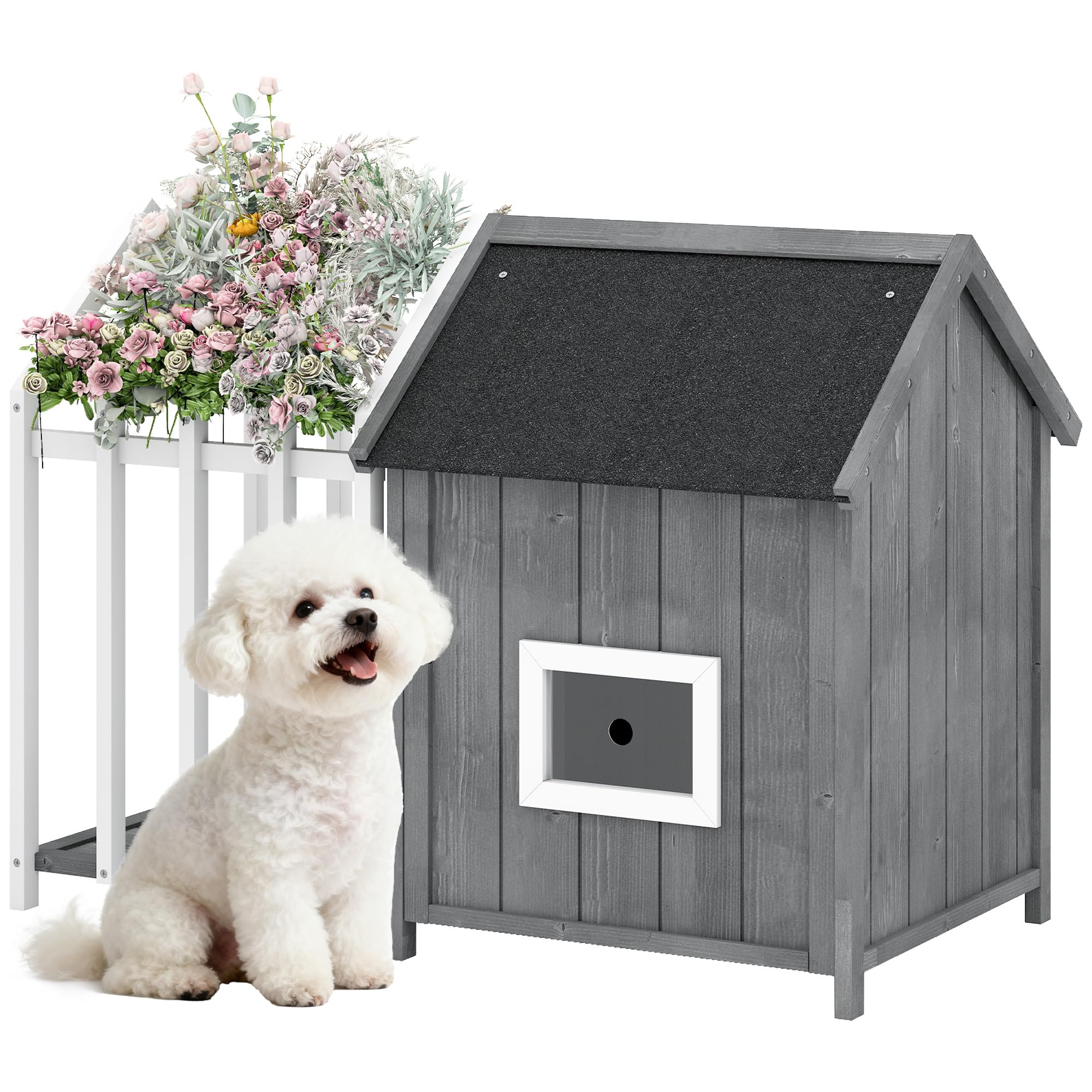 PawHut - Wooden Outdoor Dog Niche with Terrace and Barrier, Outdoor Dog House, Slatted Door and Bitumen Spiked Roof, for Garden, Patio, Veranda, Patio, 106 x 62.5 x 80.5 cm