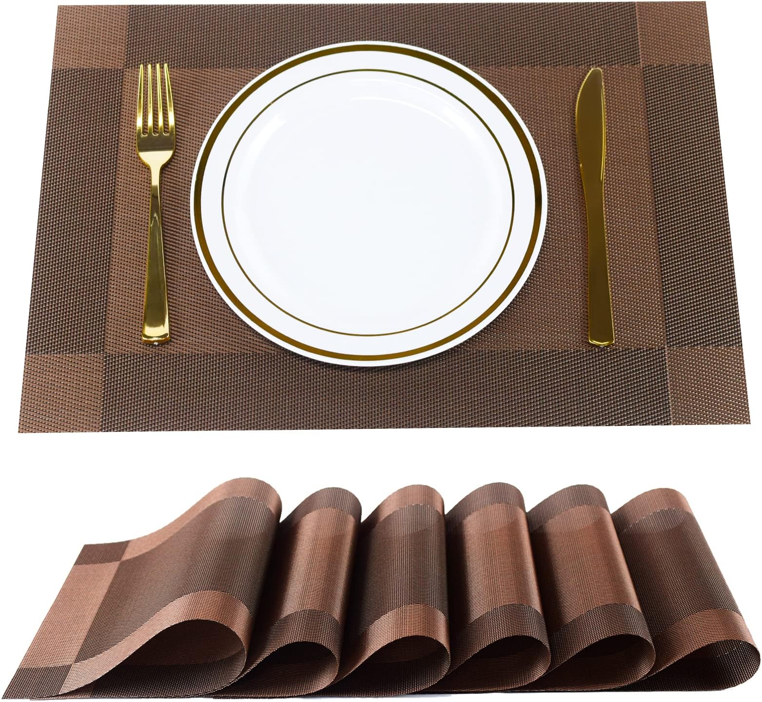 P-Plus International Placemats Place Mats for Kitchen Dining Table, Heat-Resistant StainAnti-Skid Washable PVC Table Mats,Vinyl Dinner Mats (Brown, 6 Pack)