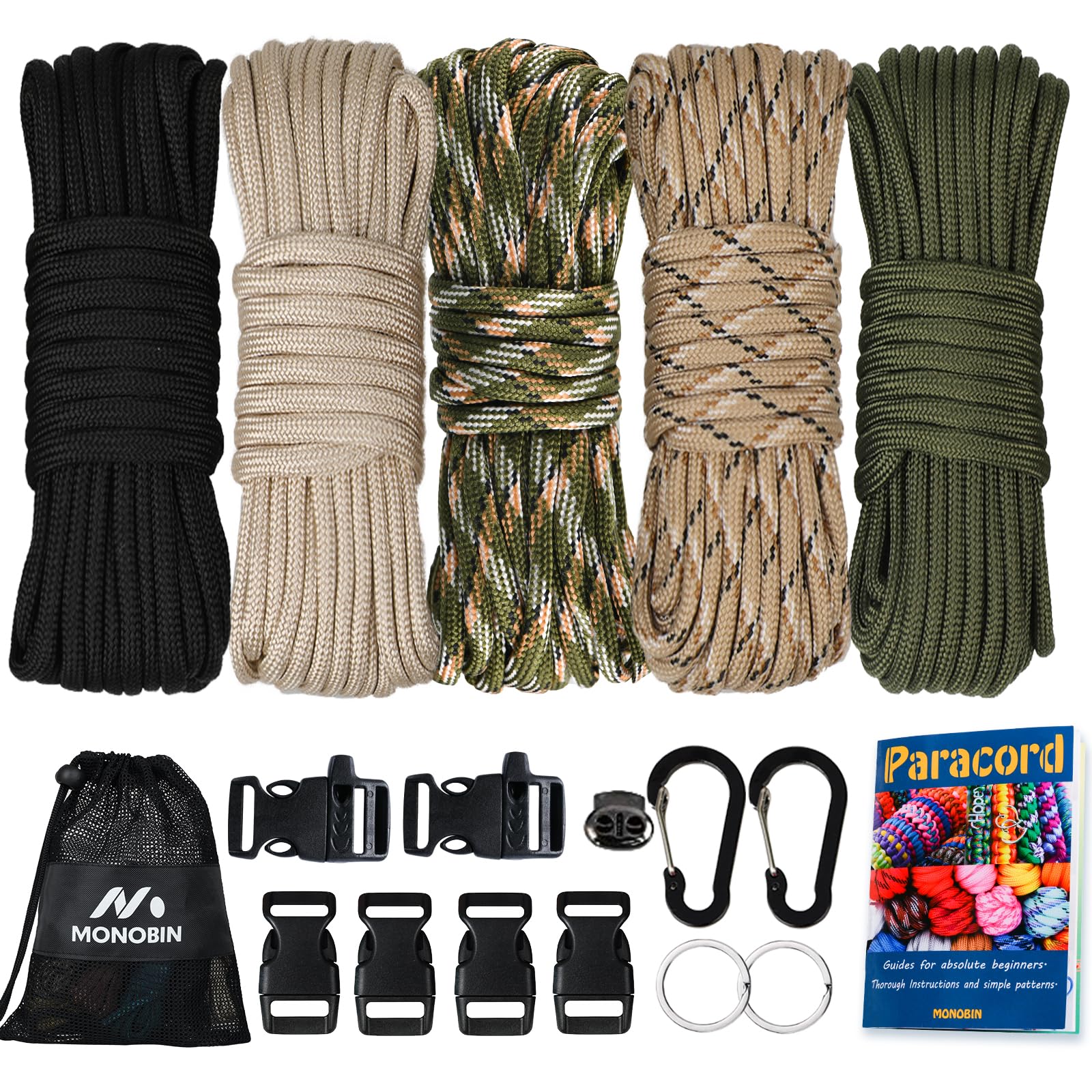MONOBIN 550 Paracord Kits - 5Colors 20ft Parachute Cord Combo for Bracelet Making, Paracord Bulk Supplies for Making lanyards,Dog Collar
